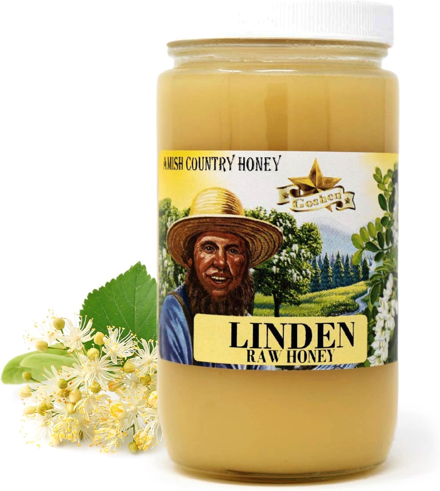 Goshen Amish Country Extremely Raw Linden Honey - Unfiltered, Unprocessed, Pure & Natural - Harvested in the USA - Rich Flavor for Tea, Cooking, Wellbeing - Kosher Certified - 16oz Glass Jar