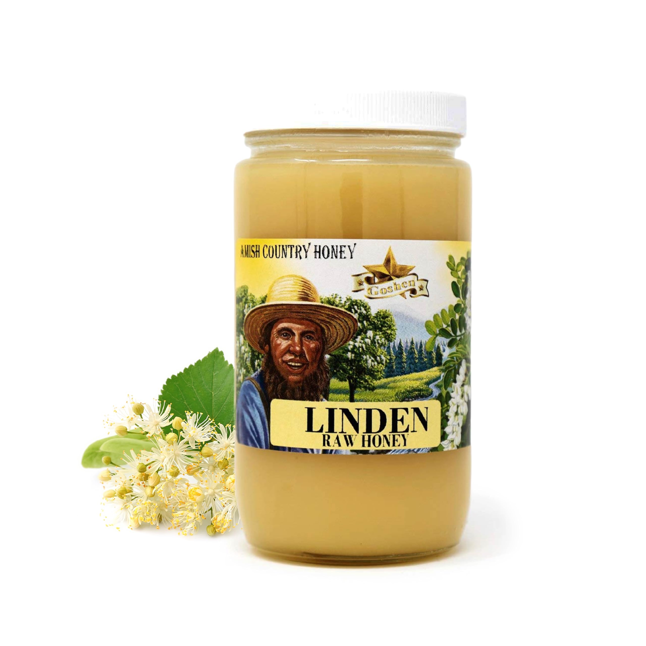 Goshen Amish Country Extremely Raw Linden Honey - Unfiltered, Unprocessed, Pure & Natural - Harvested in the USA - Rich Flavor for Tea, Cooking, Wellbeing - Kosher Certified - 16oz Glass Jar