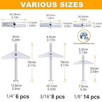 KURUI Heavy Duty Hollow Drywall Anchors for Sheetrock Ceiling, Toggle Bolts and Wing Nut Kit, 28Pcs Metal Dry Wall Anchors and Screws Assortment Set, Butterfly Anchor for Hanging 1/8, 3/16, 1/4