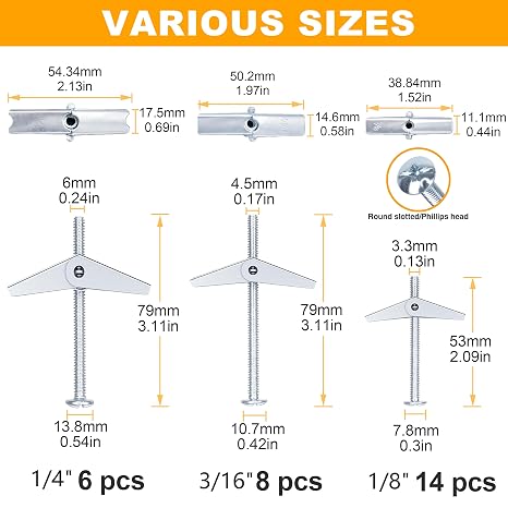 KURUI Heavy Duty Hollow Drywall Anchors for Sheetrock Ceiling, Toggle Bolts and Wing Nut Kit, 28Pcs Metal Dry Wall Anchors and Screws Assortment Set, Butterfly Anchor for Hanging 1/8, 3/16, 1/4