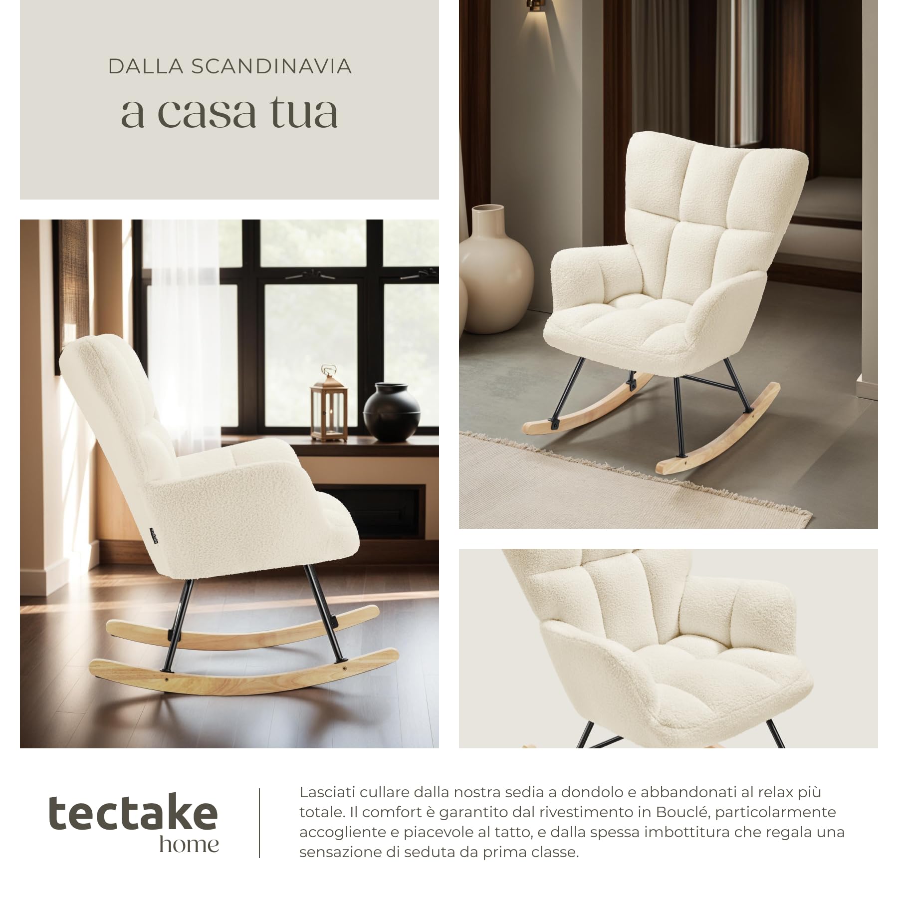 tectake® Sedia A Dondolo, Imbottitura in Gommapiuma, Motivo Trapuntato, Schienale Alto, Braccioli Larghi, Telaio in Acciaio, Pattini In Legno Massiccio, Design Moderno - Beige