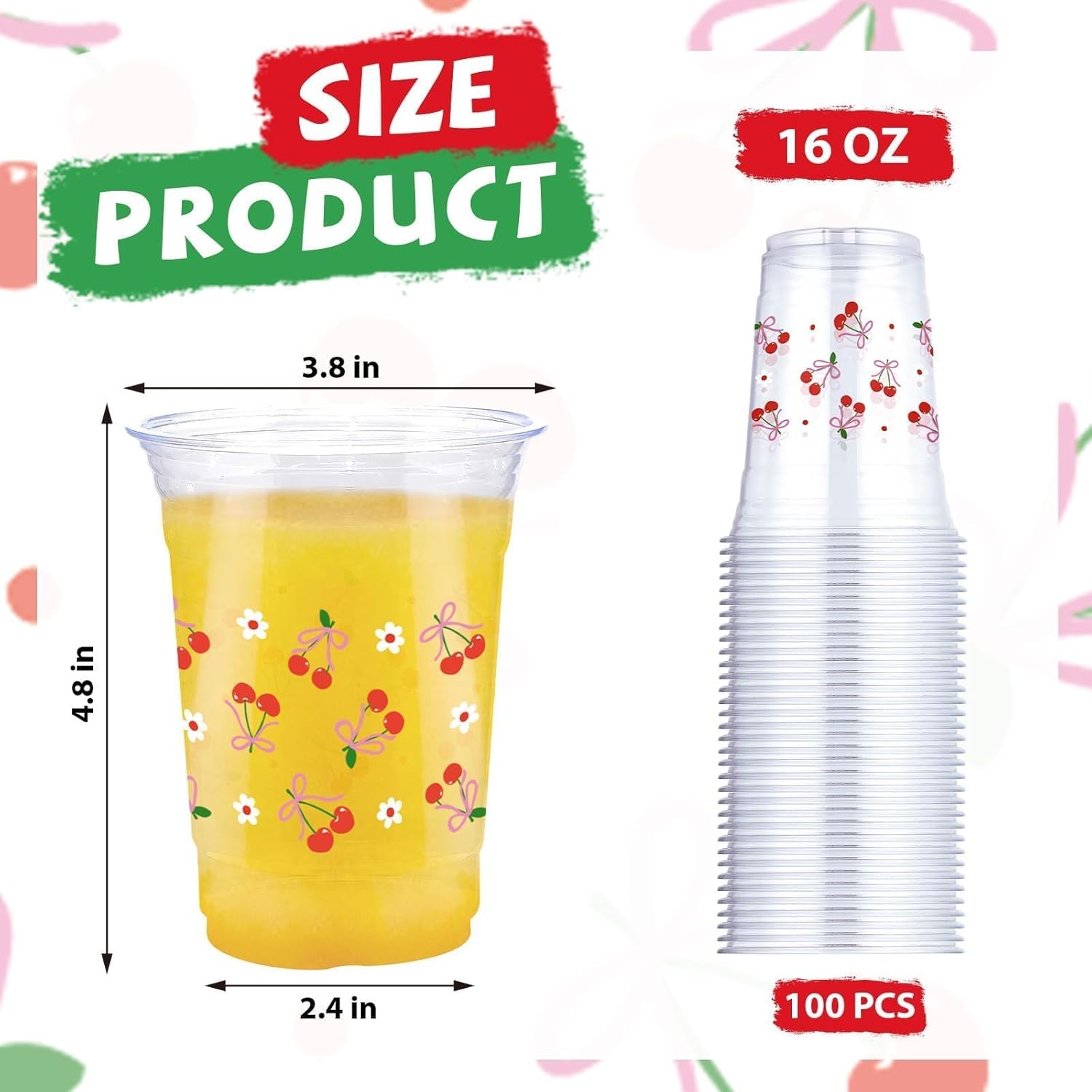 100 Pcs Cherry Plastic Cups 16 oz Pink Bow Cherry Disposable Plastic Cup Flower Theme Clear Cocktail Glasses for Birthday Wedding Bridal Baby Shower Beverage Juice Drinking Coffee Party Supplies