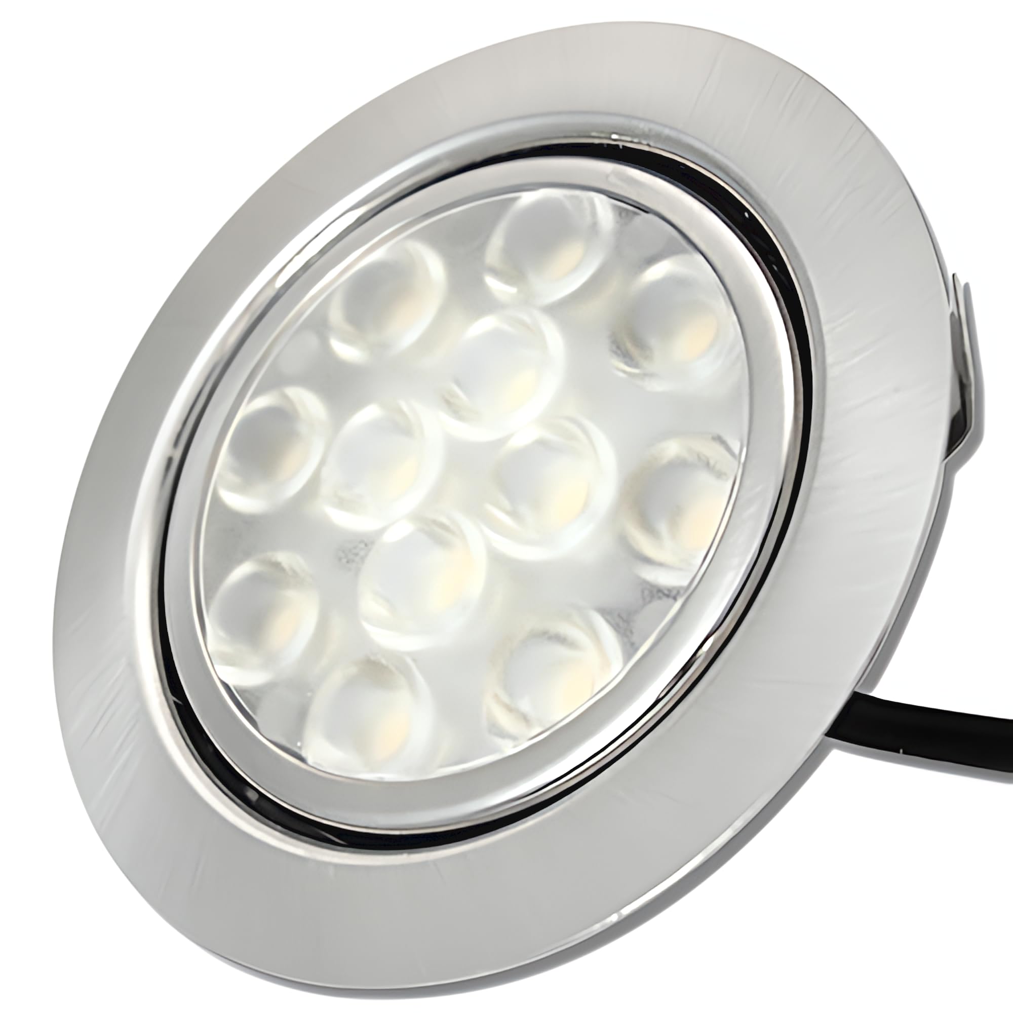 3er Set: Flache LED Möbelleuchten Einbauspots in der Farbe Edelstahl gebürstet, 3W, warmweiß (3000K), 200lm, 12V, 15W LED Trafo 230V. Für Wohnzimmer, Küche und Bad. Plug-and-Play-System.