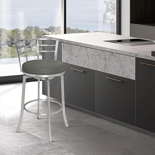 Vista 86 de Armen Living Prinz Taburete giratorio de 26 pulgadas de altura de mostrador en piel sintética negra y acabado de acero inoxidable cepillado