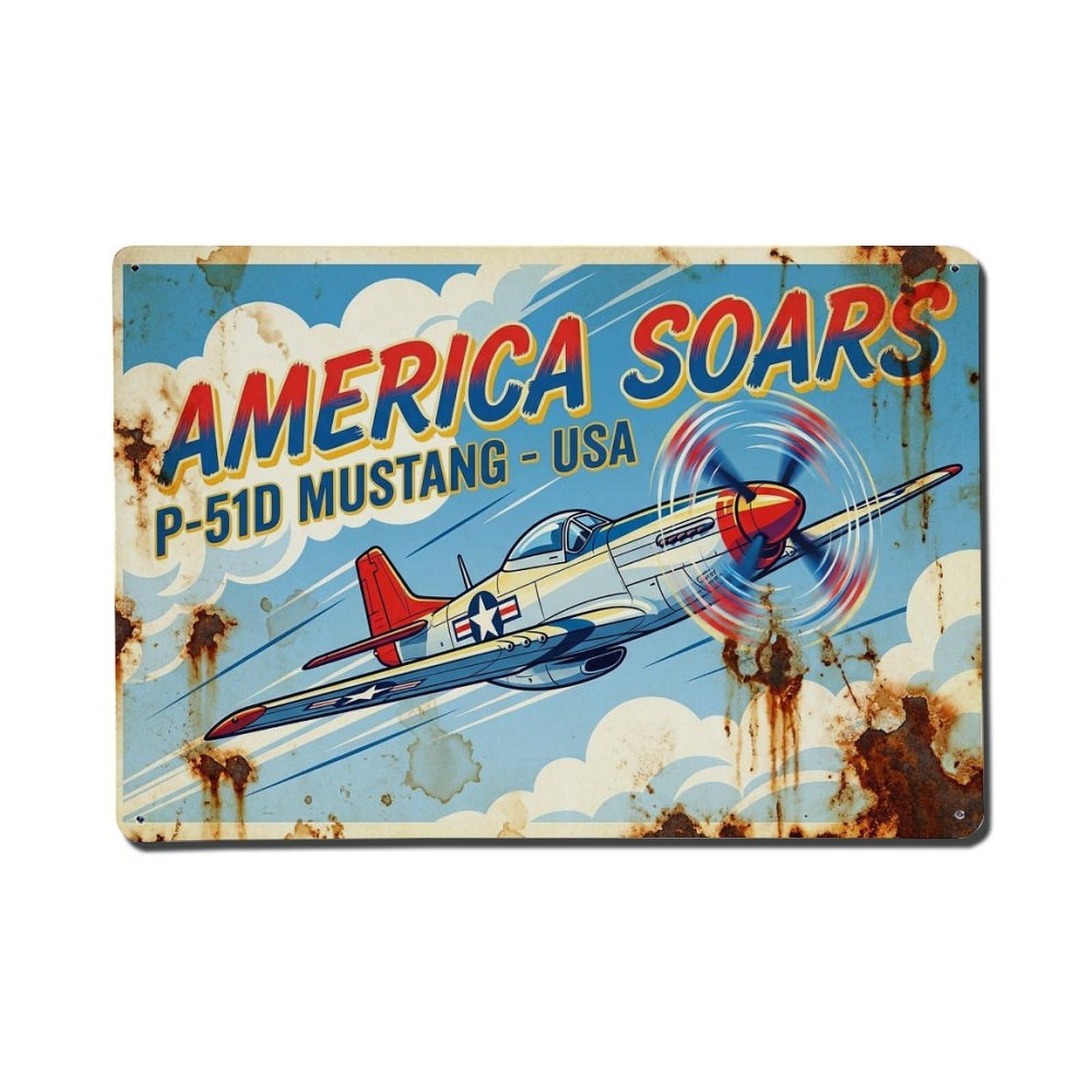 Vintage Aviation P-51D Mustang Retro Propaganda Metal Tin Sign Plaque Wall Decor for Cafe, Man Cave, Club Bar, Office, Home Garden Round Metal Poster 8x12Inch