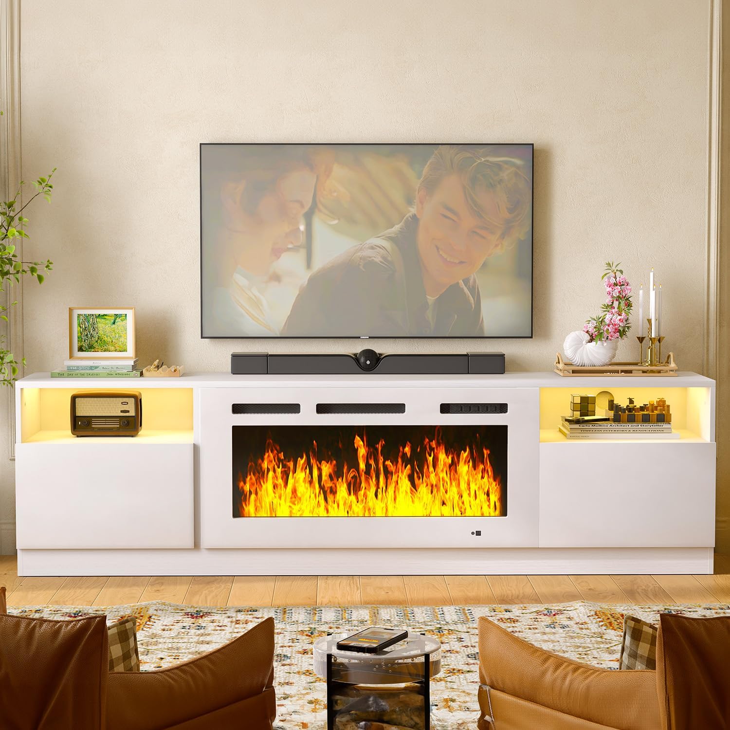 MXV 80" Fireplace TV Stand for TVs Up to 90", LED Light Entertainment Center with 36" Electric Fireplace, Modern Wood Texture TV Media Console with Highlight Storage Cabinet, White-White - Image 3