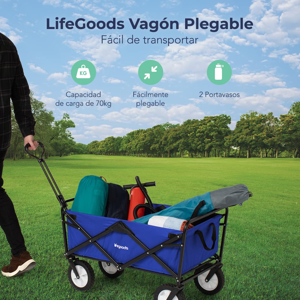 LifeGoods Carro Playa Ruedas Grandes - Carrito Plegable - Jardin - Ruedas Giratorias - 2 Soportes - Capacidad De Carga 70KG - Azul