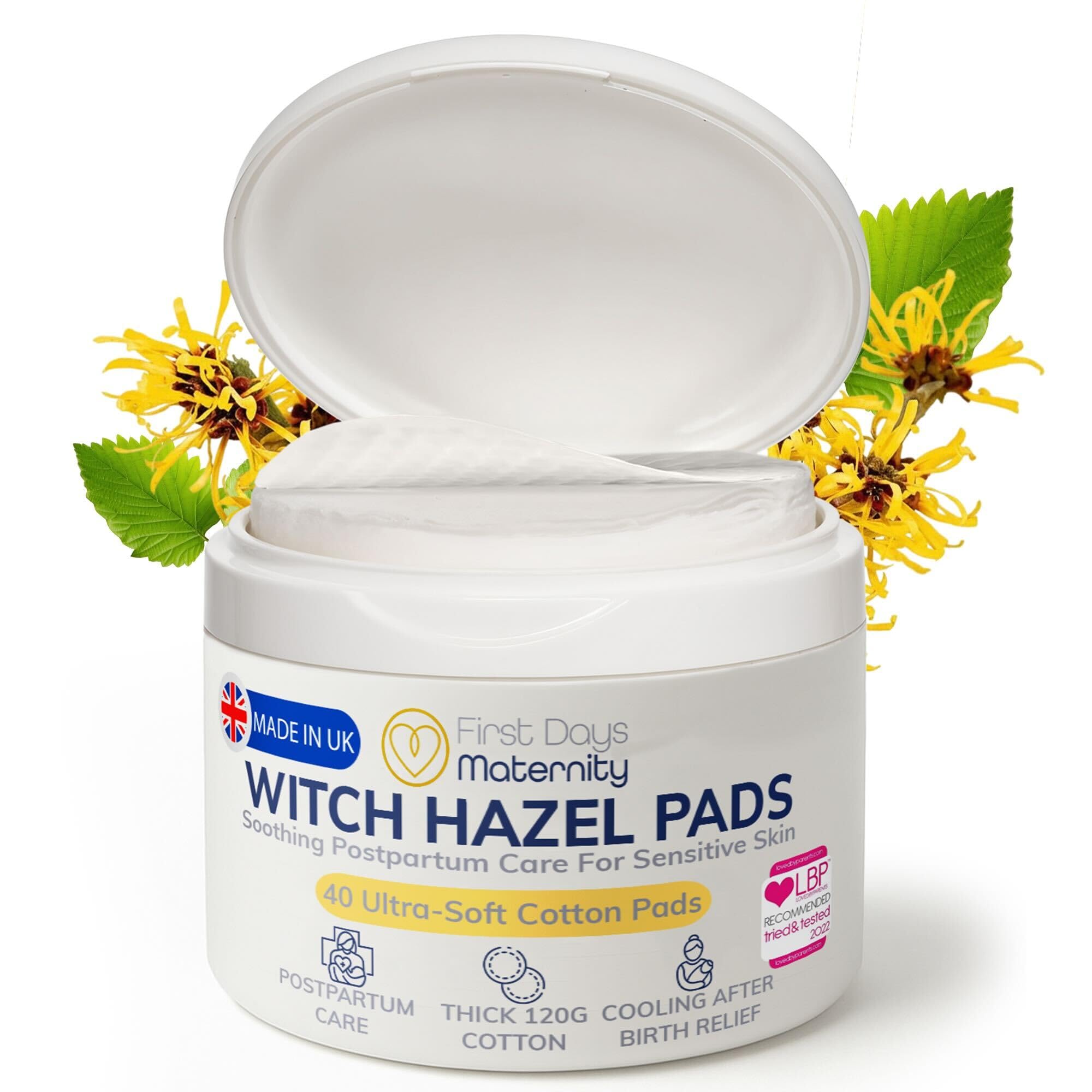 First Days Maternity Witch Hazel Pads - Postpartum Cooling & Soothing Cotton Wipes for Perineal Relief After Birth | Hospital Bag Essentials for New Mums (40 Pack)