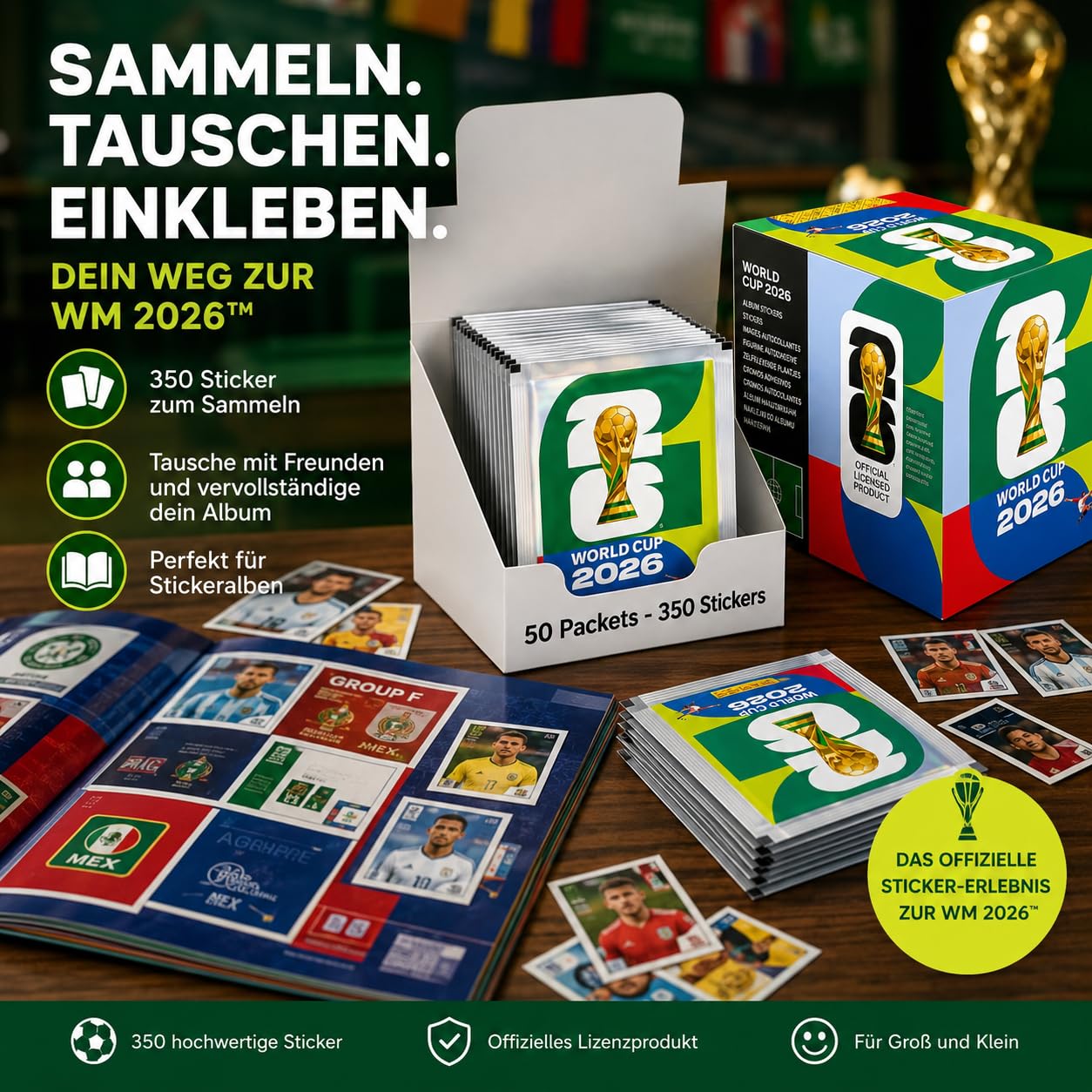 Fußball Sticker 2026, Box mit 50 Stickertüten, 350 Stickern zum Sammeln und Tauschen, Geschenkidee für Fußballfans und Sammler