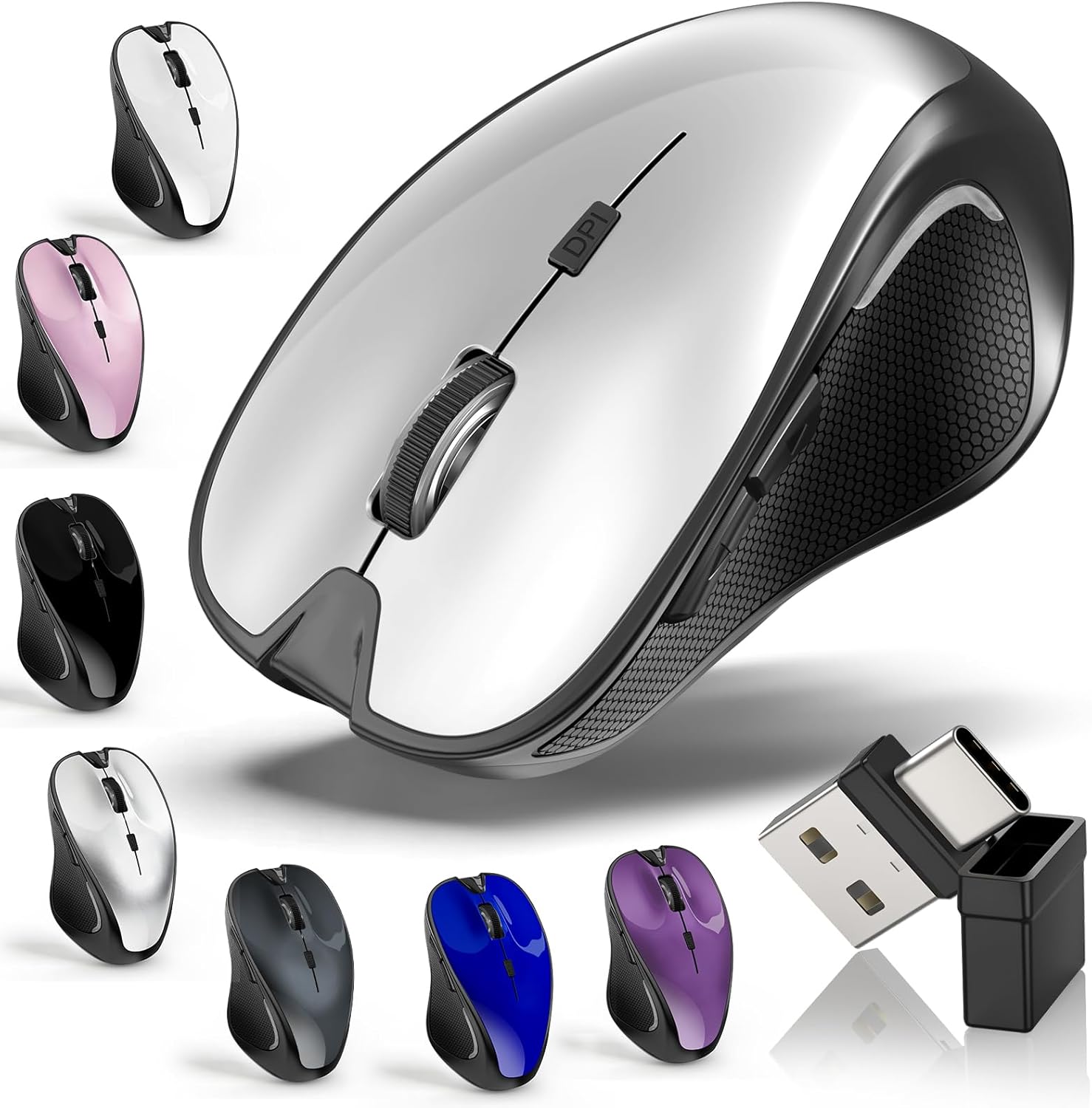 Mouse for MacBook Bluetooth Wireless Mouse Laptop MacBook Air Mac Pro Silent Rechargeable PC iPad Optical Mouse with Jiggler Dual Mode Switch Bluetooth 5.2/3.0 and 2.4GHz USB Type-C Receiver SILVERY