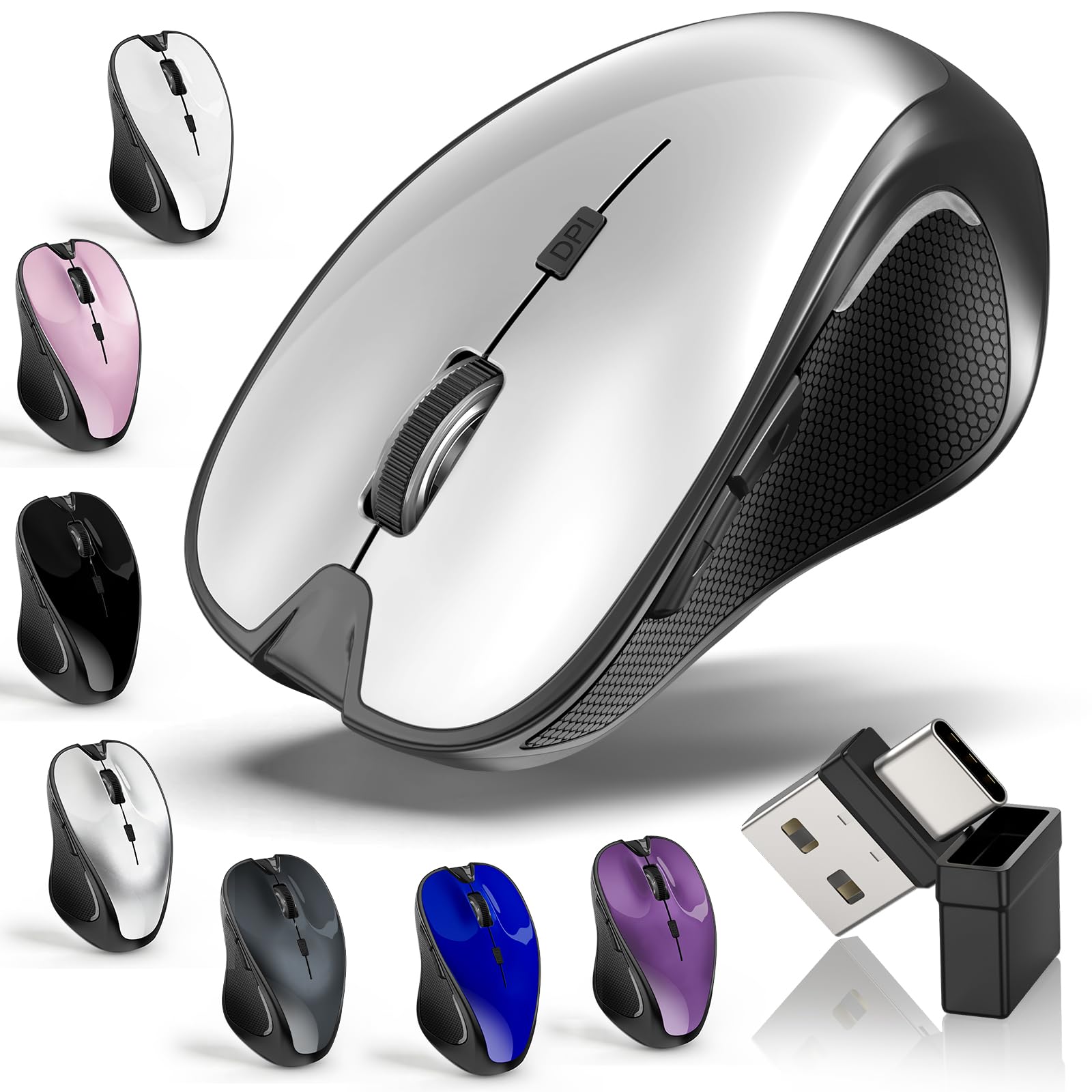 Mouse per MacBook Bluetooth Wireless Mouse Laptop MacBook Air Mac Pro Silenzioso Ricaricabile PC iPad Mouse Ottico con Jiggler Dual Mode Switch Bluetooth 5.2/3.0 e 2.4GHz USB Type-C Receiver SILVERY