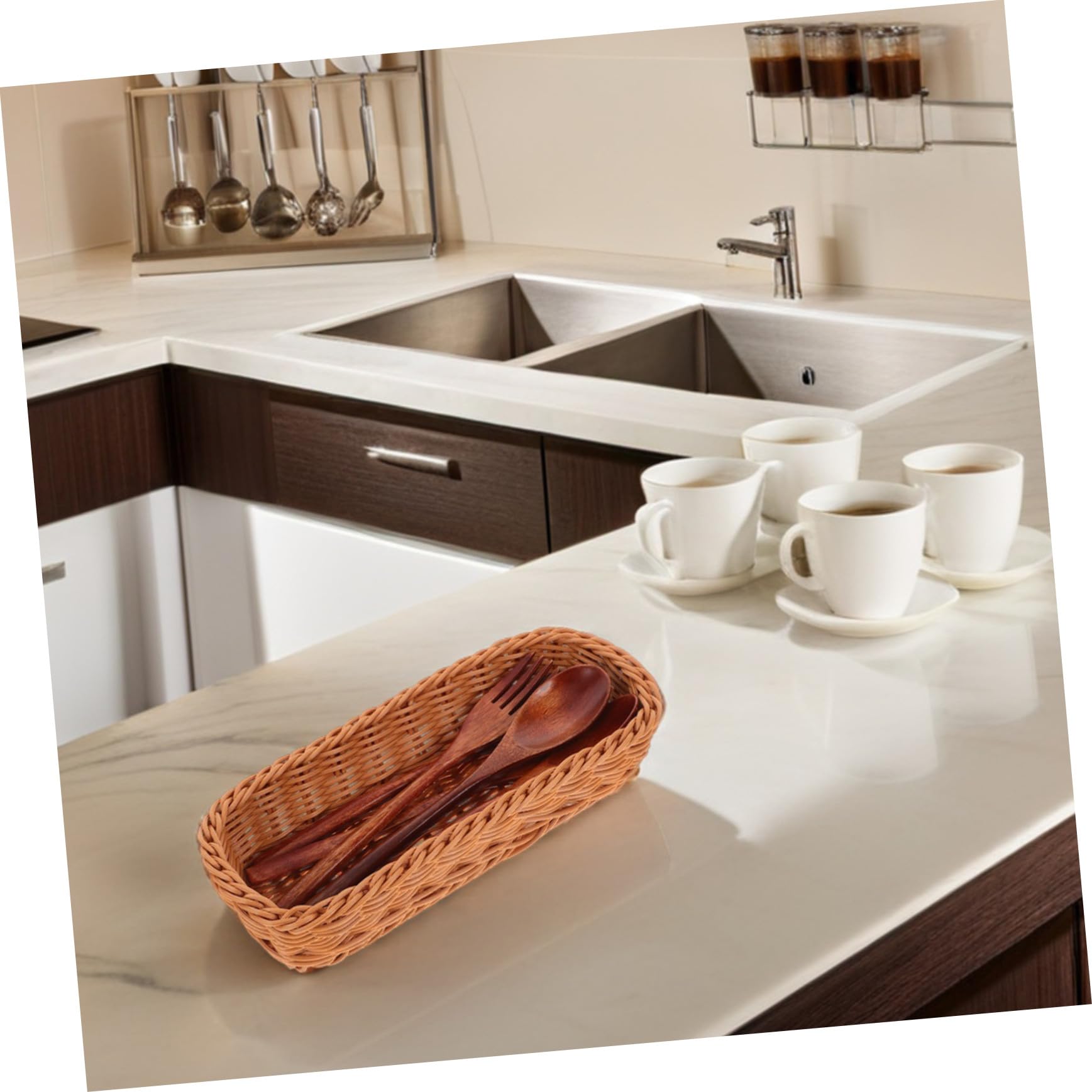 Cesta para Cubiertos de Plástico Rattan Organizador Versátil para Palillos Tenedores y Utensilios de Cocina con Diseño Natural para Almacenamiento Encimeras