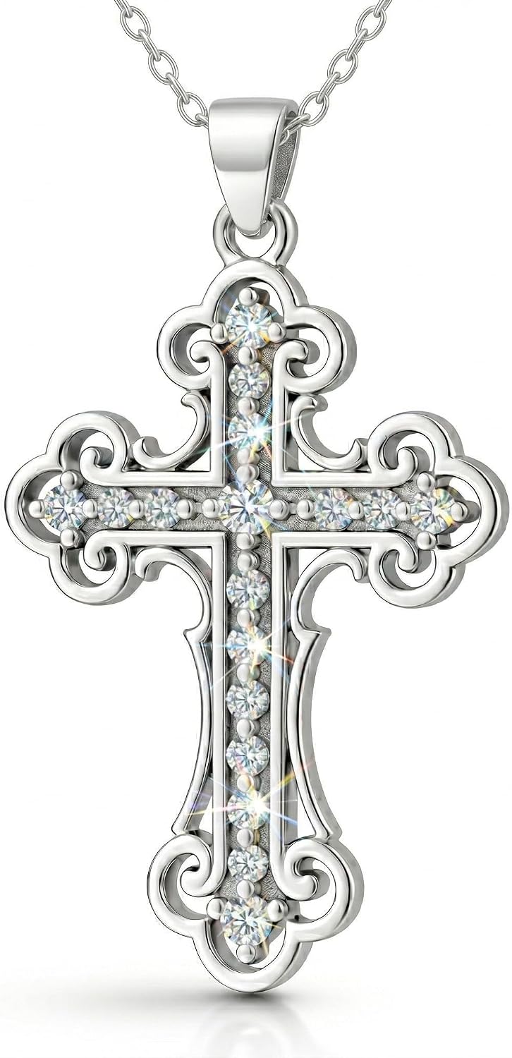 Orthodox Cross Necklace for Women in 925 Sterling Silver - Handmade Openwork Cross Pendant with White Crystals Cubic Zirconia, 20” Cable Chain - Symbolic Religious Gift