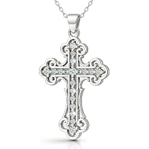 Dainty Orthodox Cross Necklace for Women 925 Sterling Silver Cubic Zirconia | Filigree Openwork Elegant Cross Pendant, Sparkling White Crystals CZ, 20" Silver Cable Chain - Confirmation Gift - Handmade