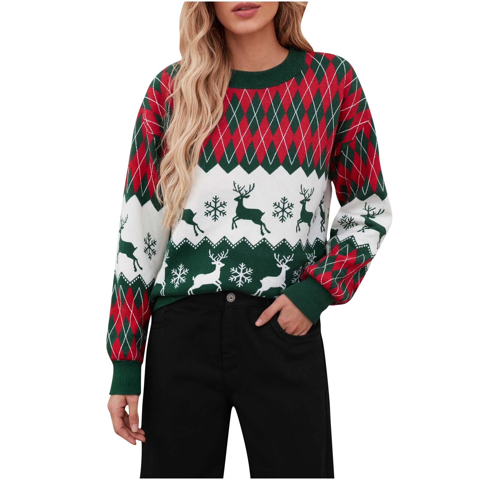 Oversized Ugly Christmas Sweater for Women Colorblock Checkered Reindeer Printed Sweatshirt Dropped Shoulder Sweaters