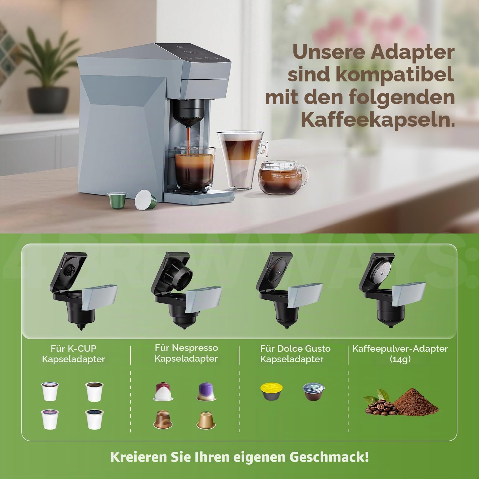 4-in-1-Kaffeemaschine, 20 Bar Espressomaschine, Kompatibel mit Nespresso OriginalLine Kapseln/Dolce Gusto/K-Cups/Gemahlenem Kaffee, 800ml Wassertank, Wolkengrau
