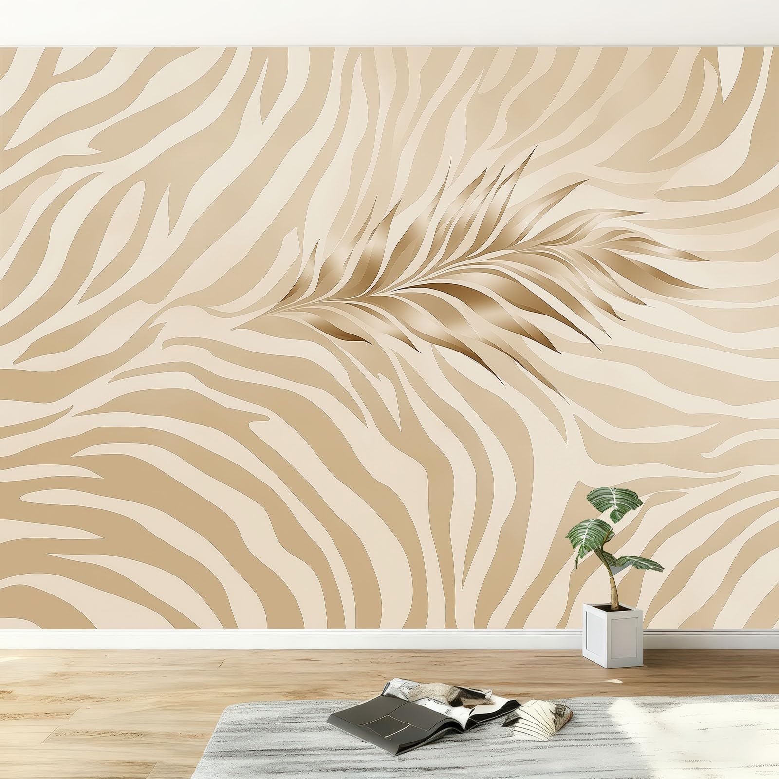 Papel Tapiz Fotográfico Efecto 3D Minimalismo Elegante Animal Cebra, Beige Papel Pintado Tejido No Tejido 300 x 210 cm (An x Al) - Decorativos Murales para Pared Salón y Dormitorio