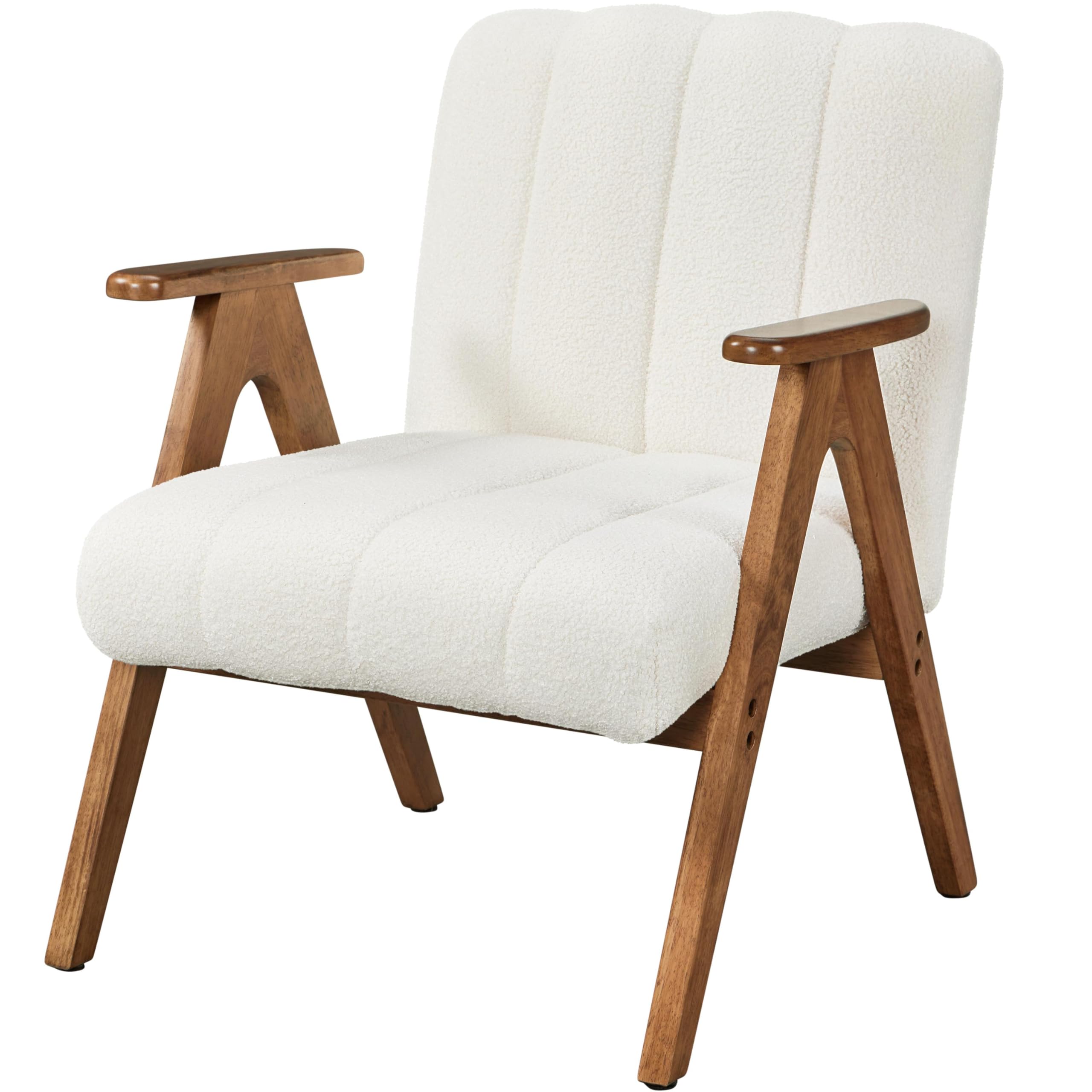 Yaheetech Fauteuil de Salon Scandinave en Tissu Bouclette Fauteuil Lecture avec Accoudoirs Chaise Coiffeuse Pieds en Bois Massif Assise Large Dossier Ergonomique pour Salon Chambre Bureau Blanc
