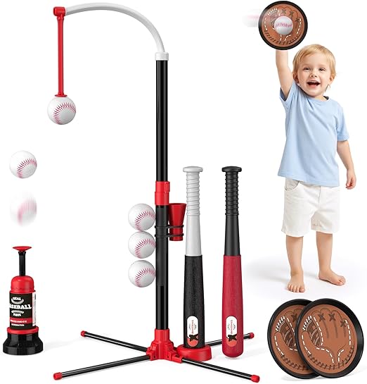4 in 1 T-Ball Sets for Kids 3-5 with Toss and Catch Ball, Toddler Baseball with Auto Pitching Machine/6 Balls, Outdoor Toys Gifts for Boys Girls