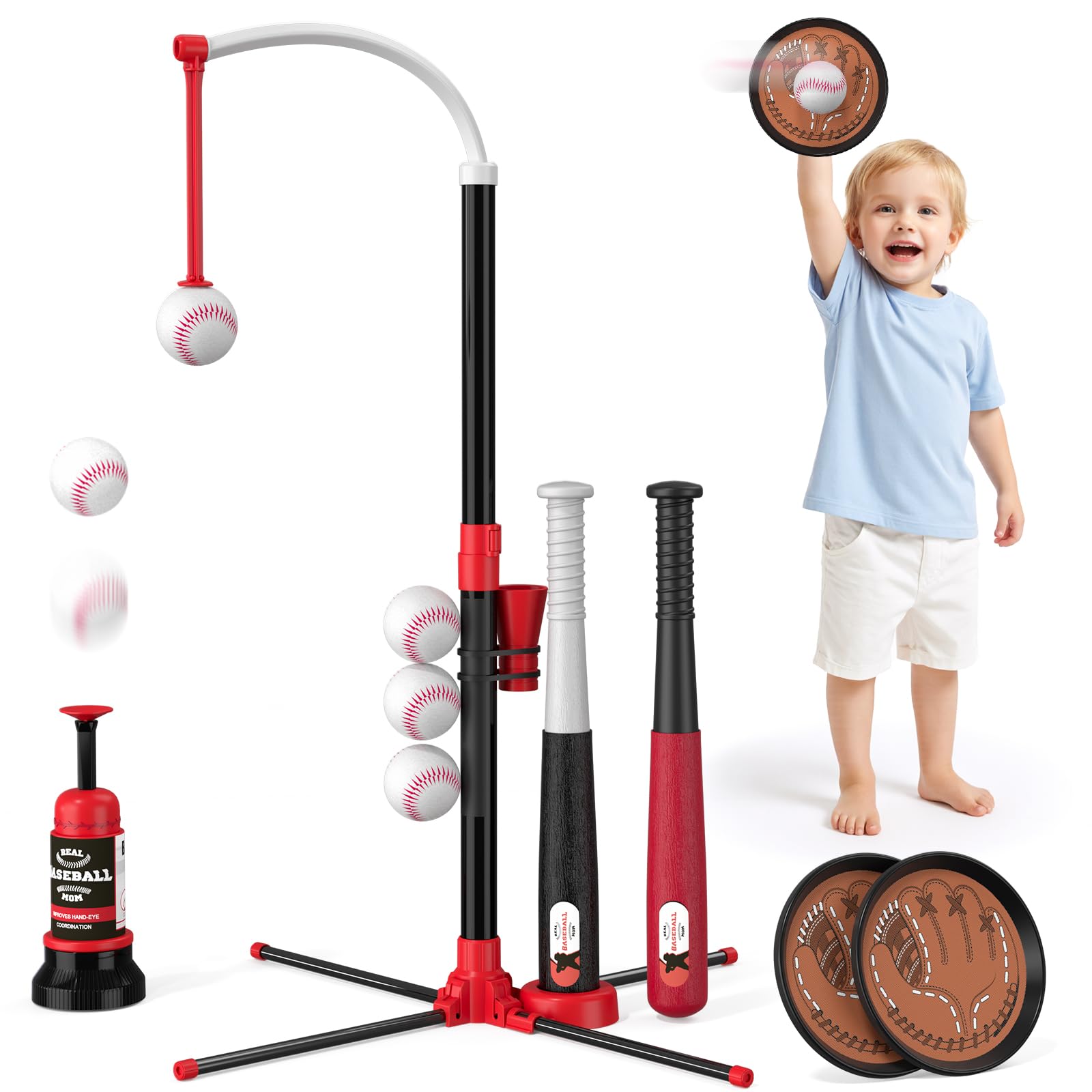 Wee Wonders 4 in 1 T-Ball Sets for Kids 3-5 with Toss and Catch Ball, Toddler Baseball with Auto Pitching Machine/6 Balls, Outdoor Sport Toys Gifts