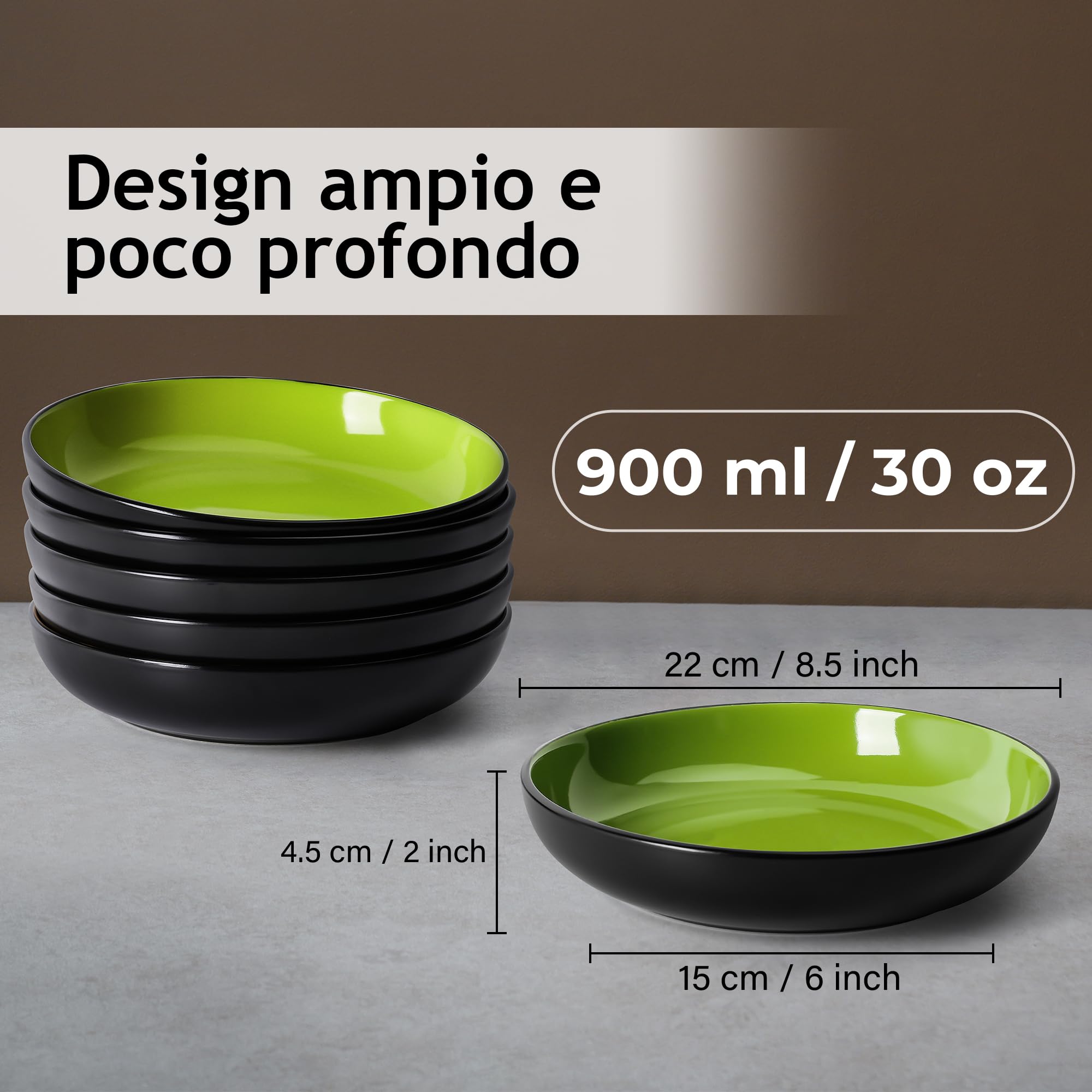 Set 6 Piatti Fondi In Ceramica 22cm - Per Pasta, Zuppe E Insalate, 900ml