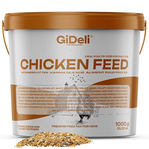 GiDeli Comida para pollos de 1 kg en cubo, harina de ponedora, alimento completo para pollos