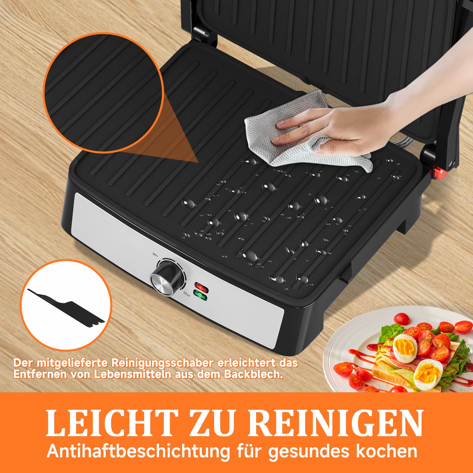 HOMELUX Griglia a contatto, panini e panini Grill 2200 W, per grigliare senza grassi, toastie, bistecca, panini maker con piastre antiaderenti 29 x 23 cm, apertura a 180°, raschietto per pulizia