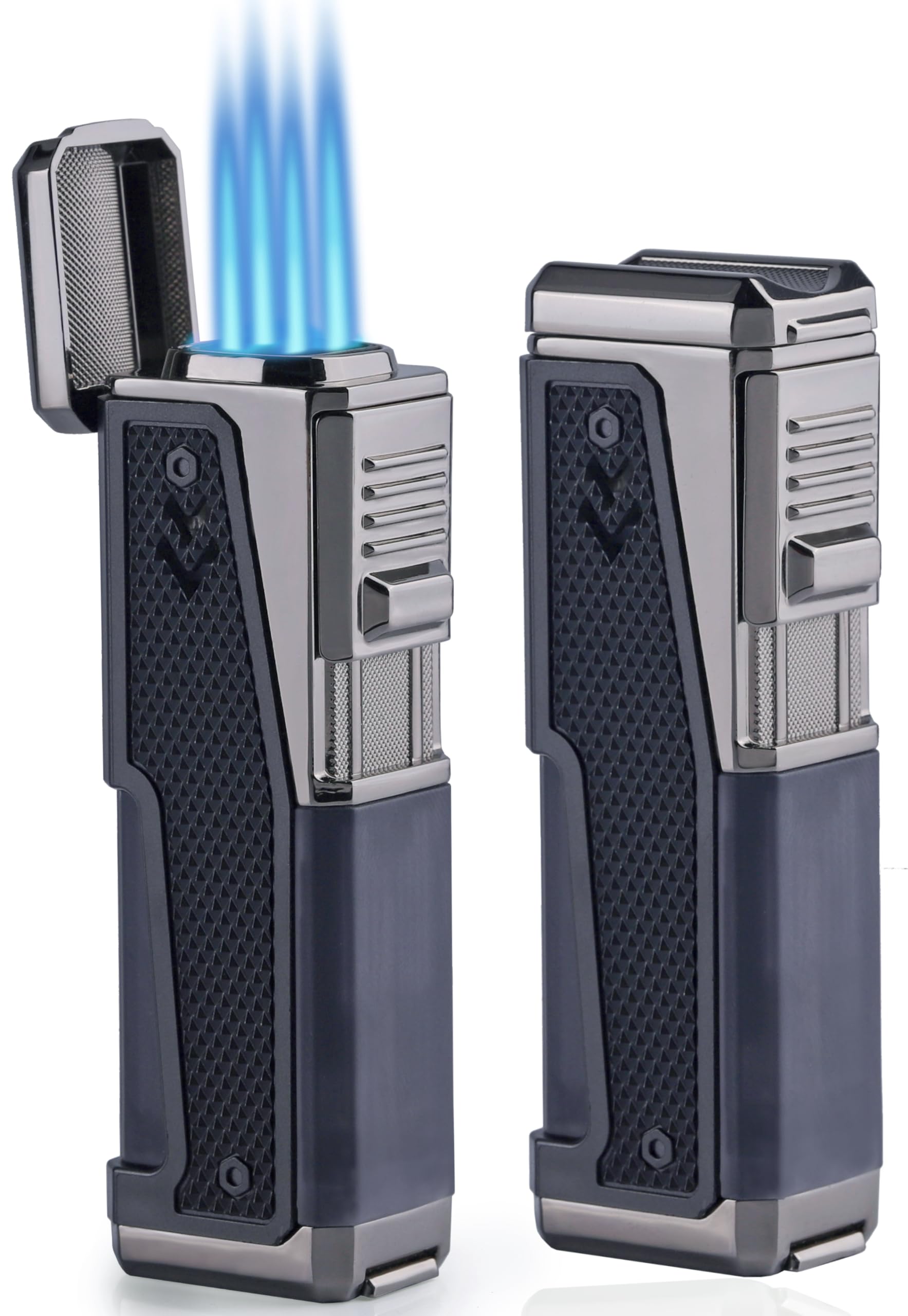 TOMOLO 2 Pack Torch Lighter Quadruple Jet Flame Windproof Refillable Butane Lighter with Hidden Punch, Butane Not Included (Black)