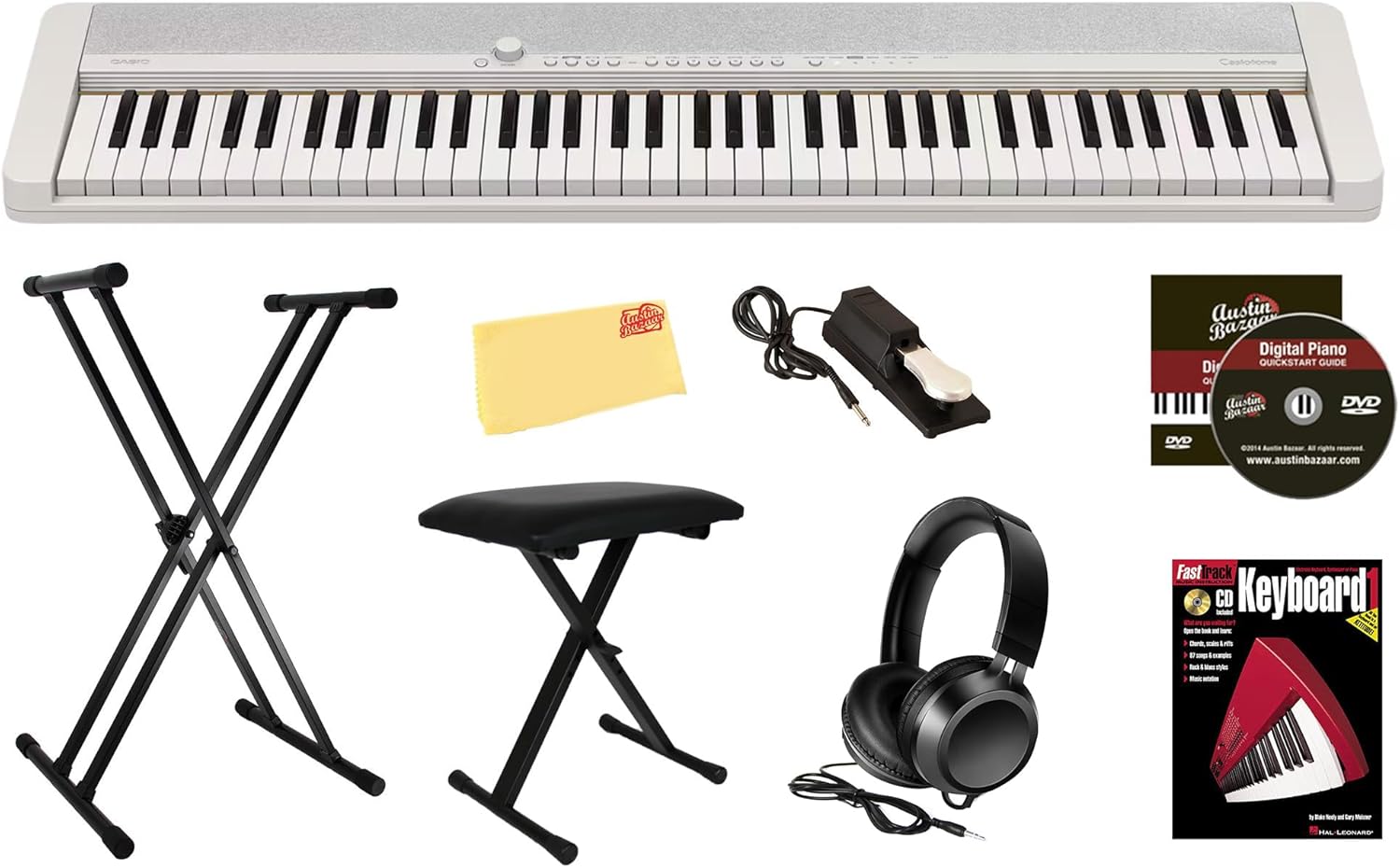 Casio CT-S1 Casiotone 76-Key Portable Keyboard - White Bundle with Adjustable Stand, Bench, Sustain Pedal, Headphones, Piano Book, Instructional DVD, and Austin Bazaar Polishing Cloth