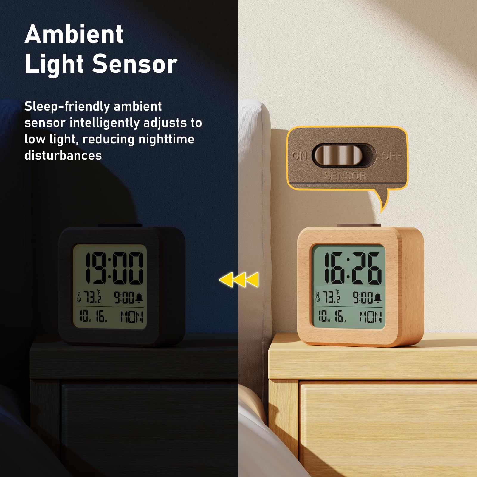 CHEREEKI Reloj a pilas con caja de madera real, alarma fuerte, repetición, sensor de luz automático, visualización de temperatura, fecha y día de la semana (3 pilas AAA incluidas)
