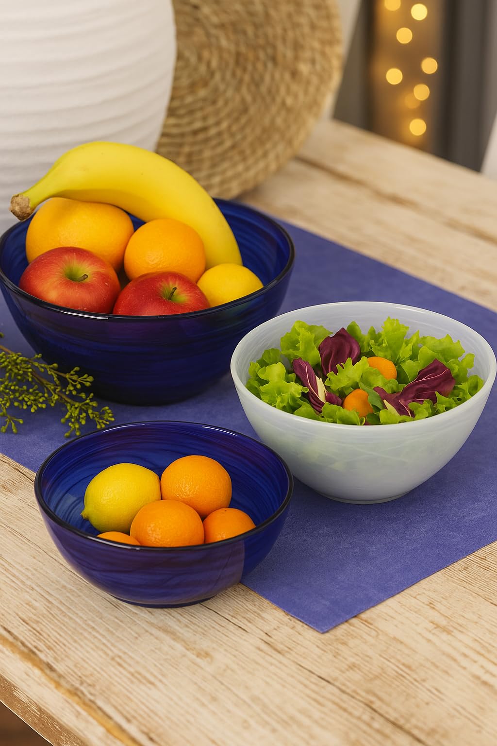 Keyhomestore - Juego de 2 cuencos de alabastro de color blanco y azul océano, diámetros de 30 y 26 cm, ideales como recipientes para alimentos como ensaladas y frutas. Ideal como regalo y ensaladera.