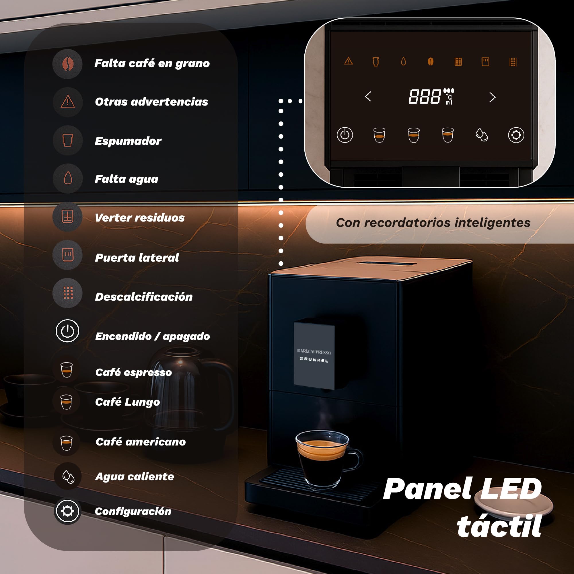 Grunkel DARKCAFPRESSO, Cafetera Súper Automática, 20 Bares, 1,2L, Molinillo Desmontable, Pantalla Táctil