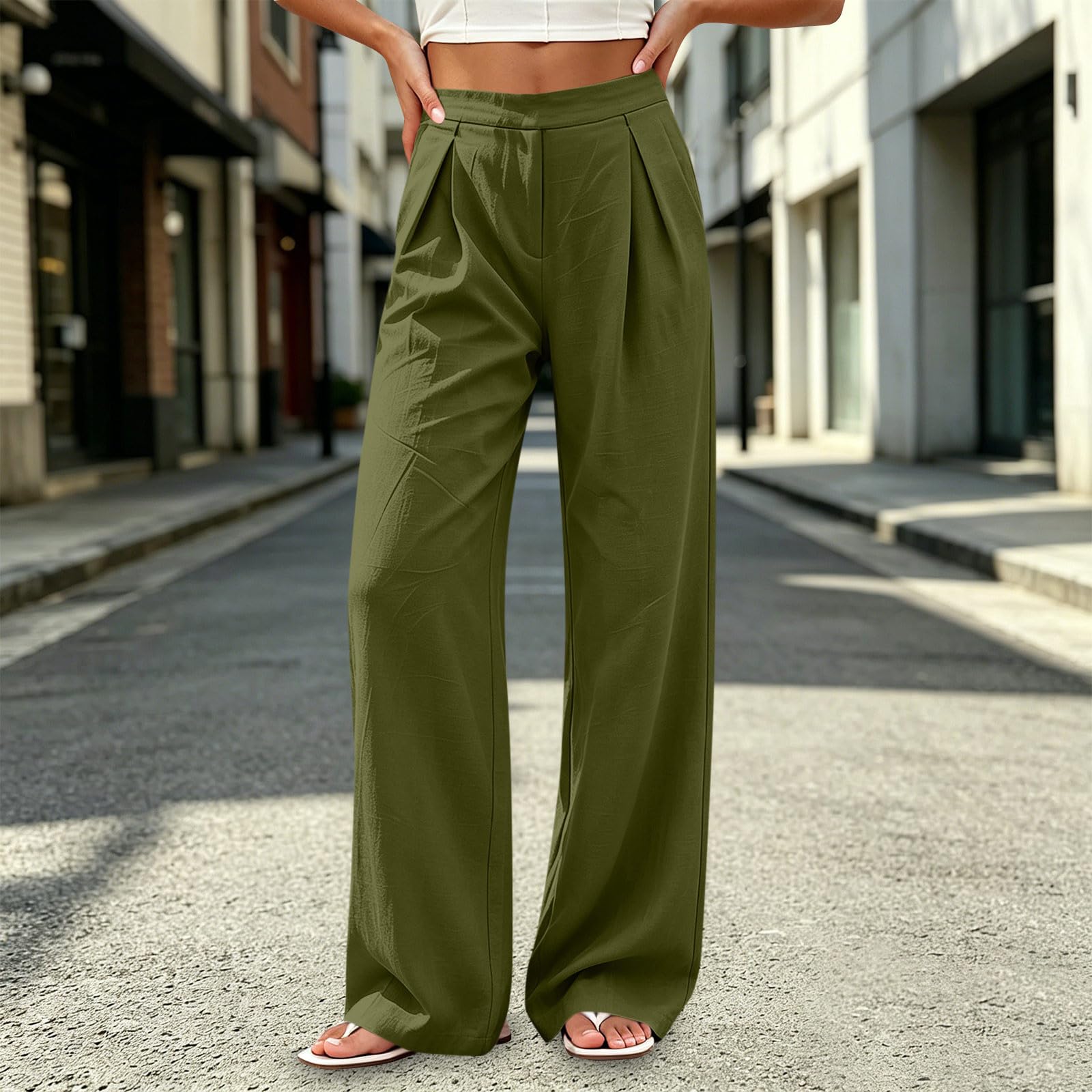 Générique Pantalon Fluide À Taille Haute pour Femme avec Poches Et Fermeture - Pantalons Large Style Athleisure, Coupe Droite, Idéal comme Pantalon Décontracté pour Les Sorties D'Été