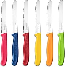 Breakfast Knife, 6 Pieces, Plastic Handle, Bread Knife, Stainless Steel Tomato Knife Set, Serrated Edge, Knife Set for Cutting, Sharp Knife for Bread Time (Colourful), Dishwasher Safe