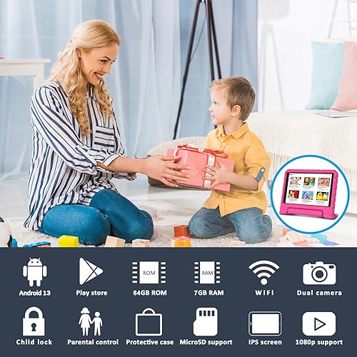 Miniatura 2 de FACETEL Tableta para niños de 8 pulgadas Android 13 para niños, 7 GB de RAM, 64 GB ROM TF 512 GB, control parental, juego de rompecabezas, Bluetooth