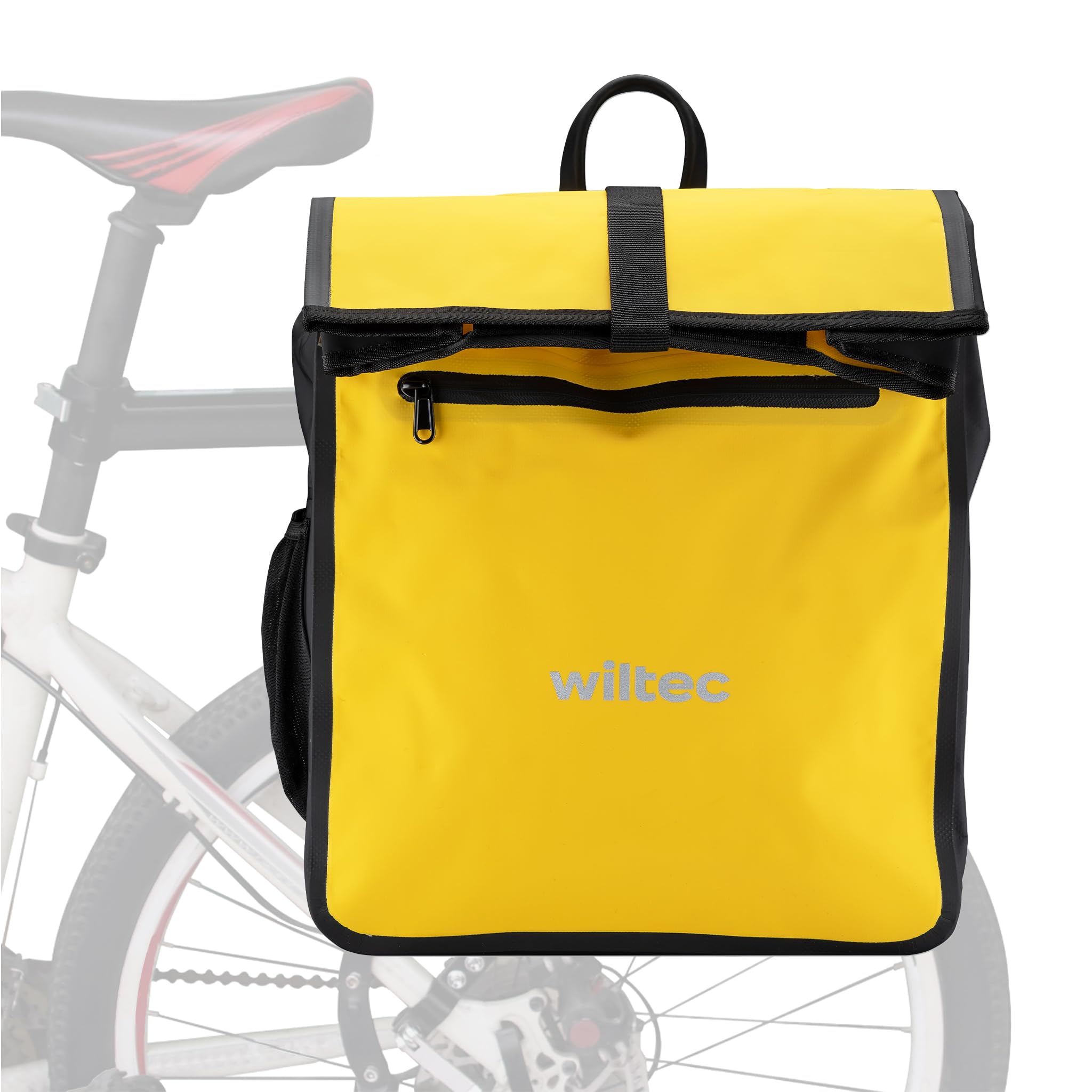 Wiltec Borsa per bici 22 l gialla, impermeabile, montaggio al portapacchi posteriore bicicletta, gancio girevole a 360° ed elementi riflettenti