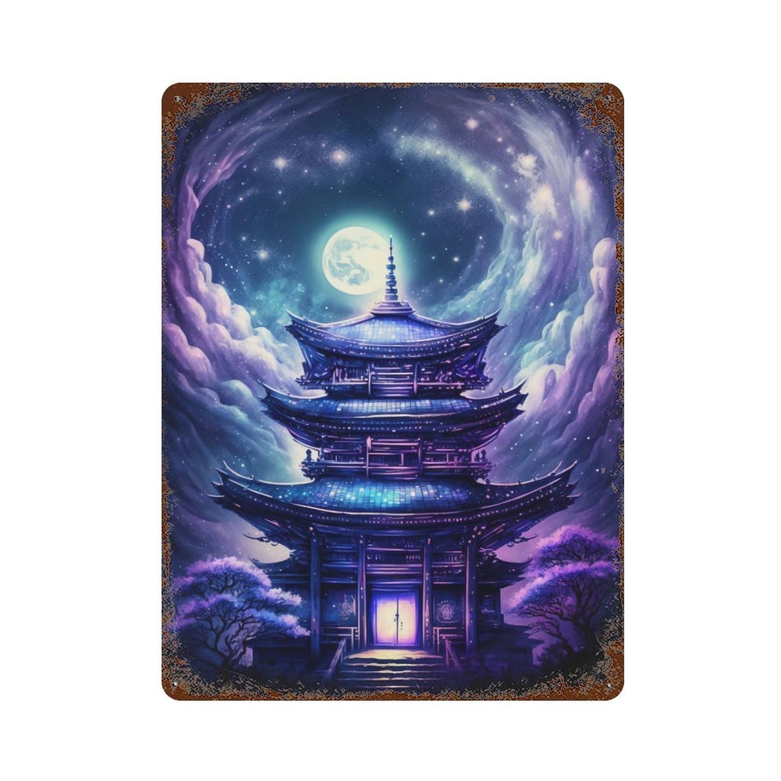 Enchanted Pagoda Night Sky -3 Rust Effect Tin Sign 15.7"x11.8", Retro Wall Decor for Pub, Kitchen And Man Cave Decor