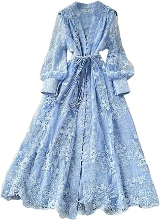 Women French Lace Embroidery Dress V-Neck Lantern Sleeves Dresses Buttons Party Birthday Dress
