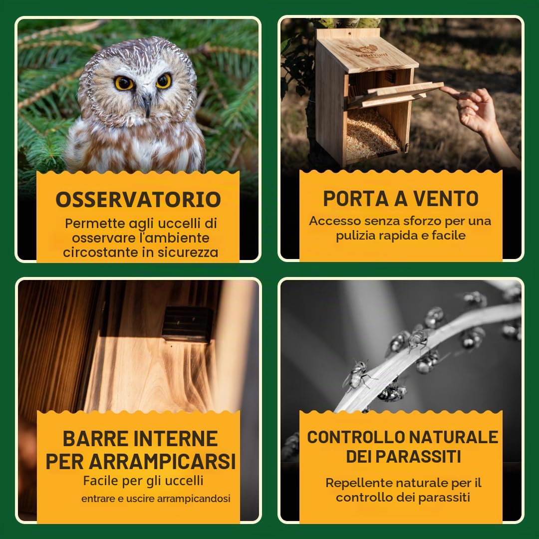 WildYard Casetta per gufi, in legno di cedro, già assemblata, facile da appendere e pulire, include trucioli di legno e viti