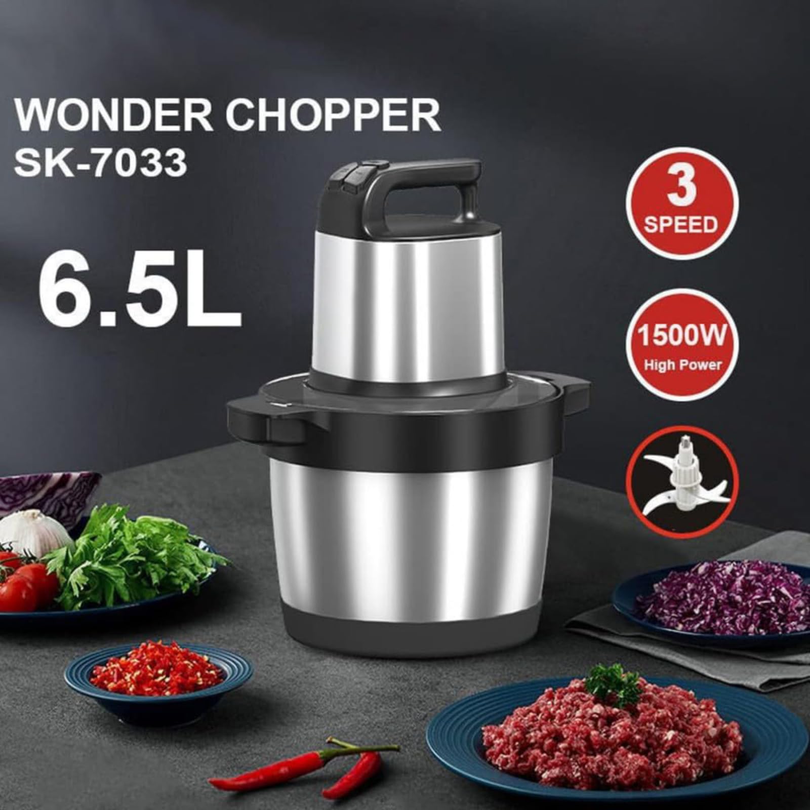 Robot da cucina da 1500 W con ciotola in acciaio inox da 6,5 l, 3 velocità, multifunzione, per tagliare carne, affettare verdure, macinare frutta, 4 lame incluse
