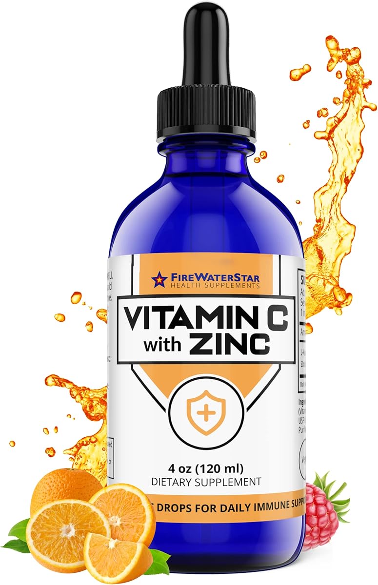 FIREWATERSTAR HEALTH SUPPLEMENTS Liquid Vitamin C with Zinc - 4oz - 60 Servings - Organic, Non-GMO - Adults and Kids - 99% Pure Ascorbic Acid - VIT C Drops - Bioactive Vitamin C Liquid - Immune Support, Skin Health, Antioxidants