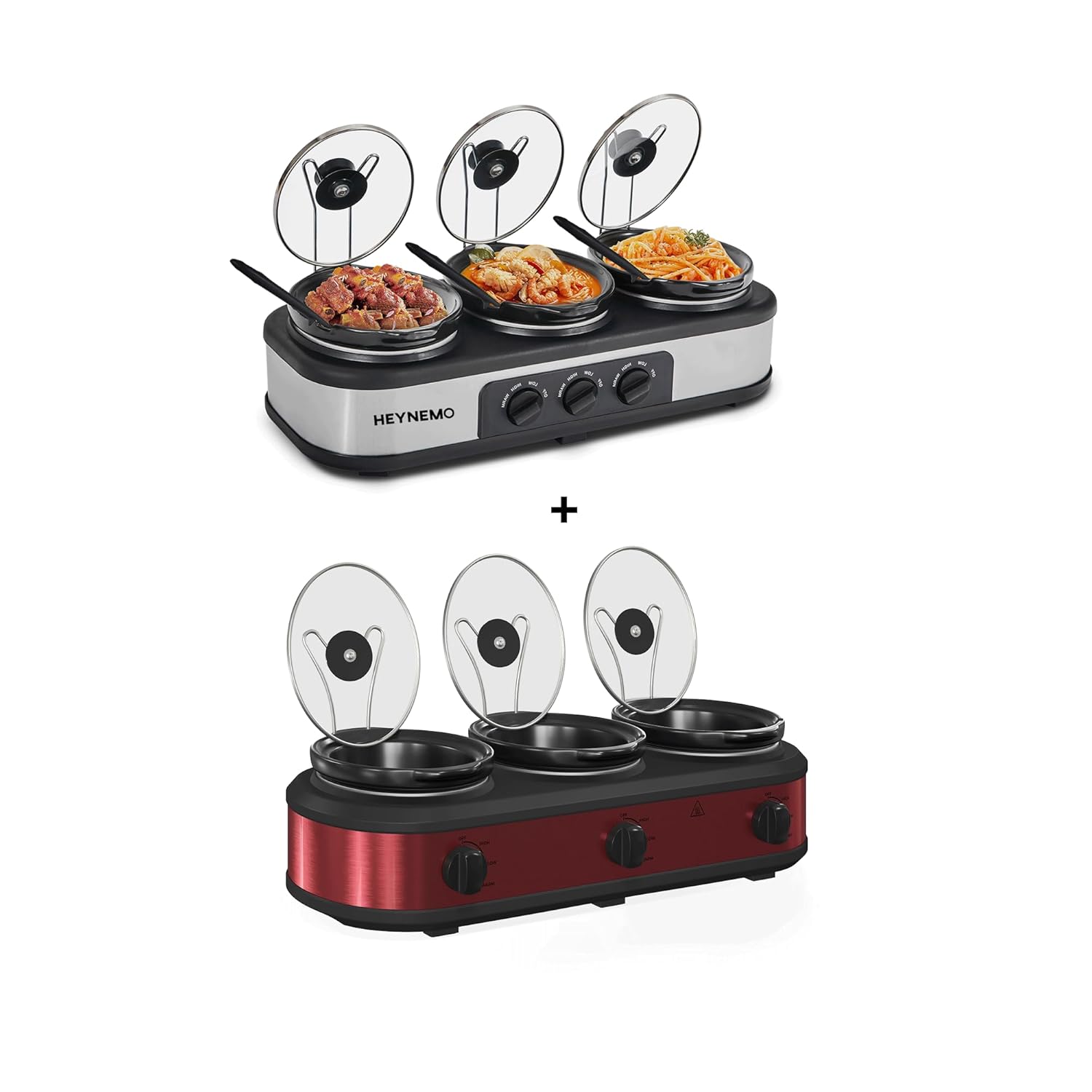 Triple Slow Cooker 3 x 1 5 QT Portable Small Dual Crock Cooker Silver Red