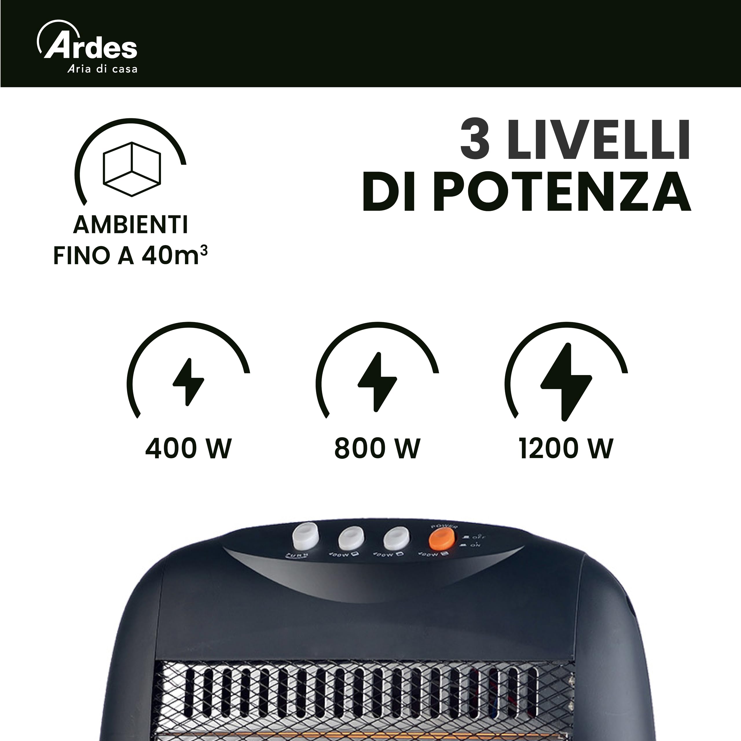 ARDES HALO 12 AR454B Stufa elettrica alogena 1200 W con 3 livelli | oscillazione orizzontale e copertura 40 m³, termoventilatore a basso consumo per uso domestico