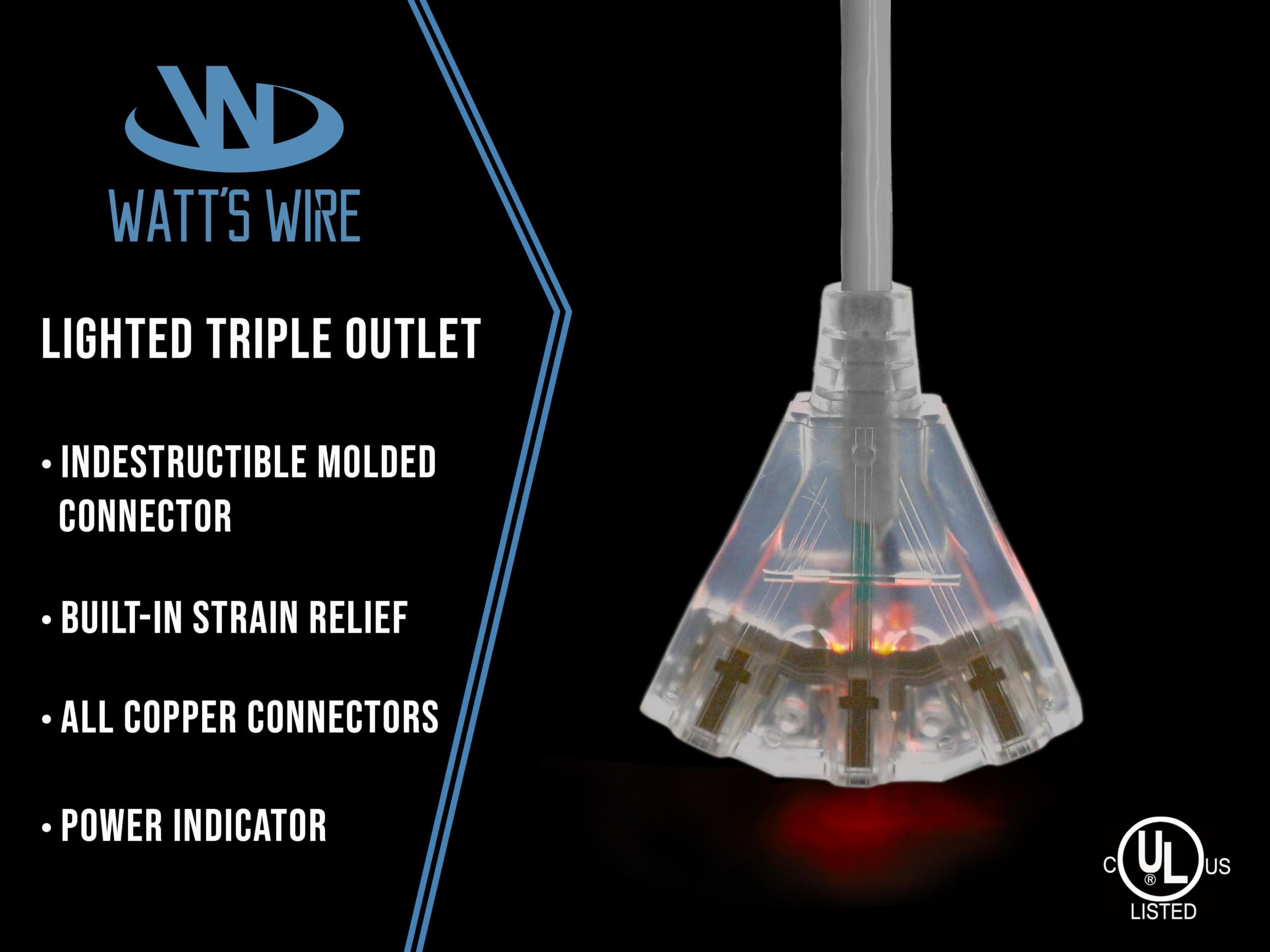 25-ft 12/3 Heavy Duty 3-Outlet Lighted SJTW Indoor/Outdoor White Extension Cord by Watt's Wire - 25' 12-Gauge Grounded 15-Amp Power-Cord (25 Foot 12-Awg White)