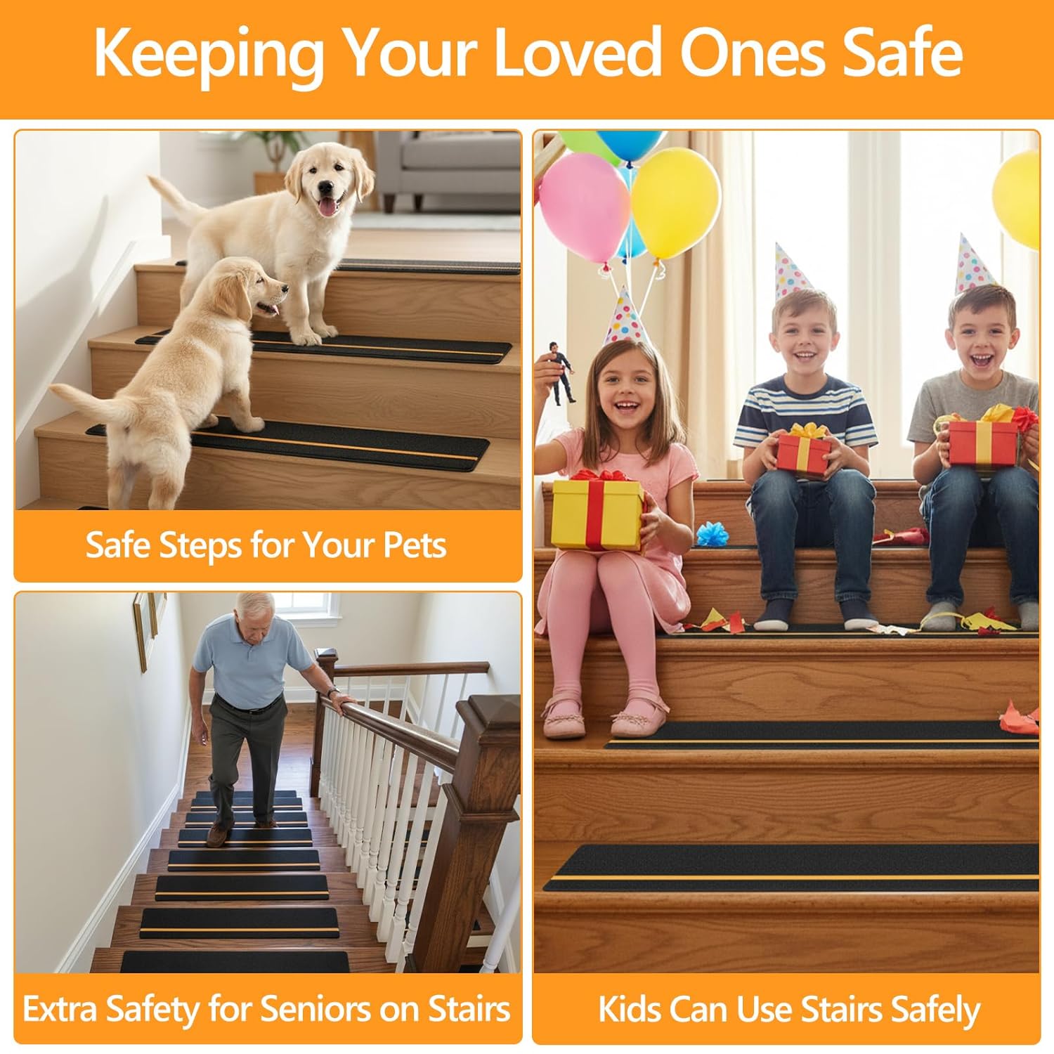 12 Pack Anti Slip Stair Tread with Reflective Stripe, 6" x 24" Black Grip Tape for Stairs, Outdoor Non Skid Tapes, Anti-Skid Tape, High Traction Friction Abrasive Adhesive for Stairs Step
