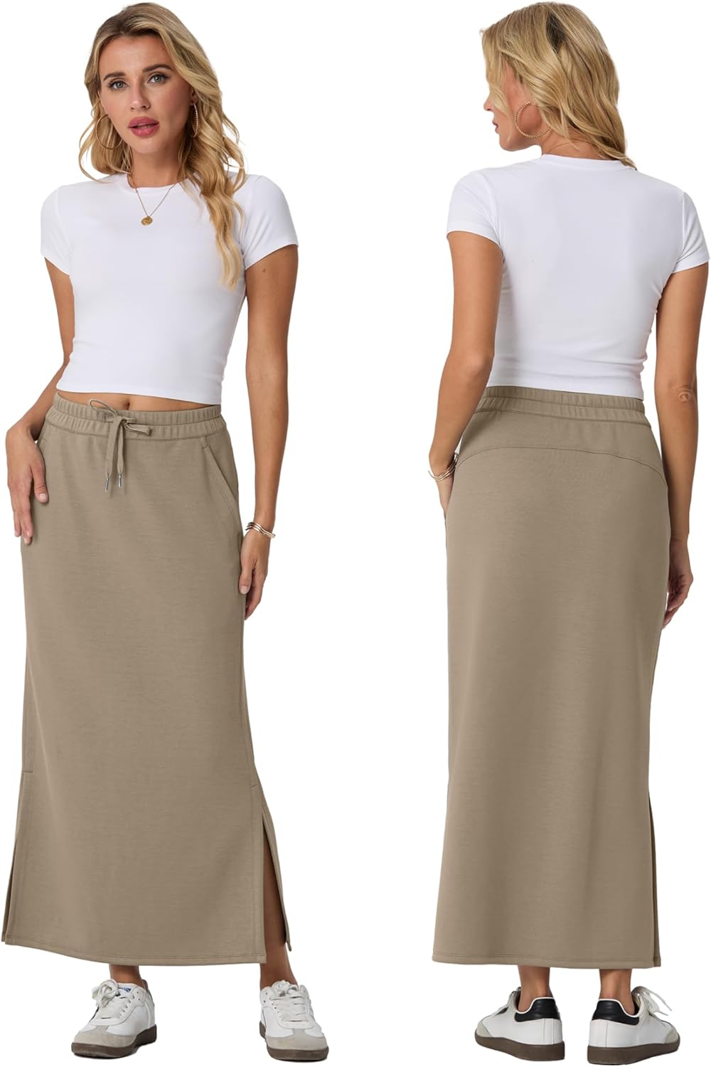 Lepunuo Casual Maxi Skirts for Womens High Waist Trendy Drawstring Side Slit Skirts with Pockets - Image 6