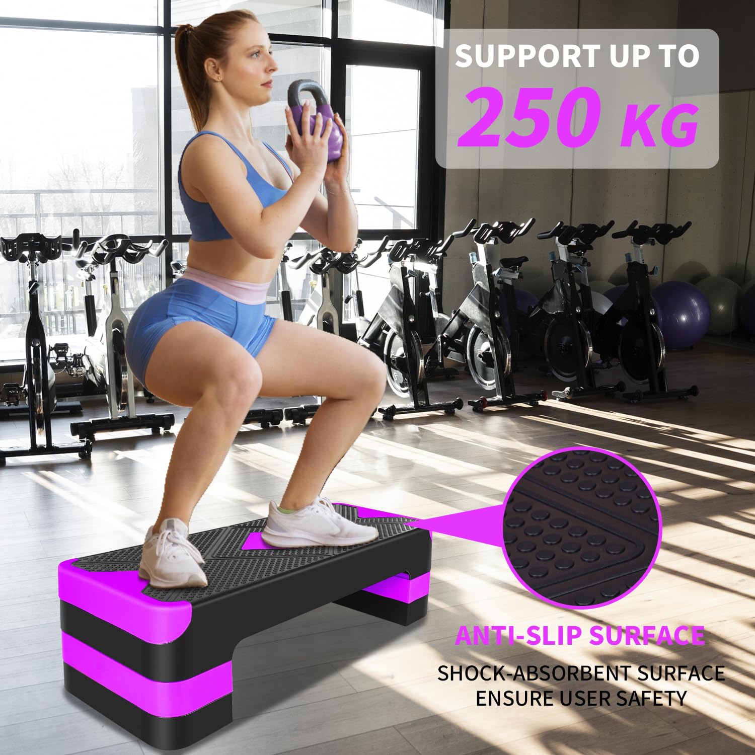 Stepper do aerobiku z regulacją wysokości, z 3 stopniami, 10/15/20 cm, antypoślizgowy, do fitnessu, do domu, kolor fioletowy