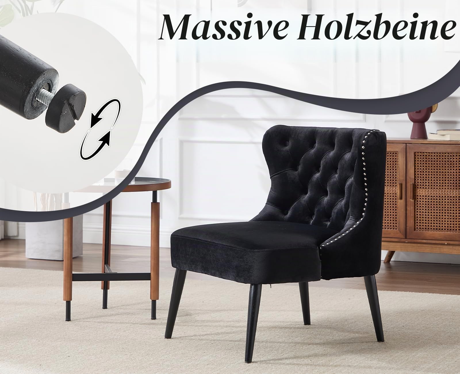 chairus Ohrensessel Samt Sessel Wohnzimmer Relaxsessel mit Holzbeinen Loungesessel Schlafzimmer Arbeitszimmer, Schwarz