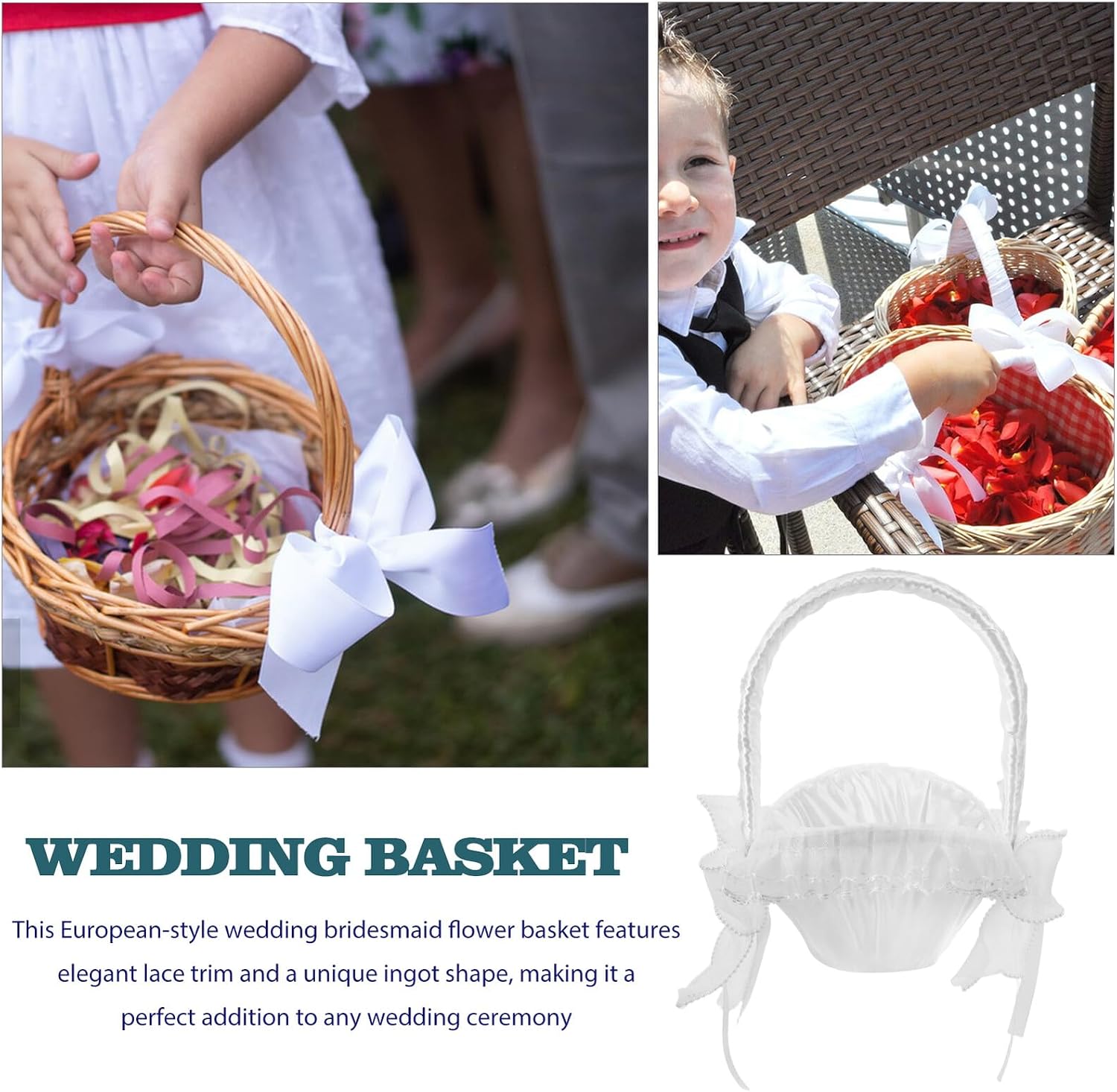 Wedding Flower Girl Basket with Handle Small White Lace Flower Basket for Ceremony Supplies and Party Decoration