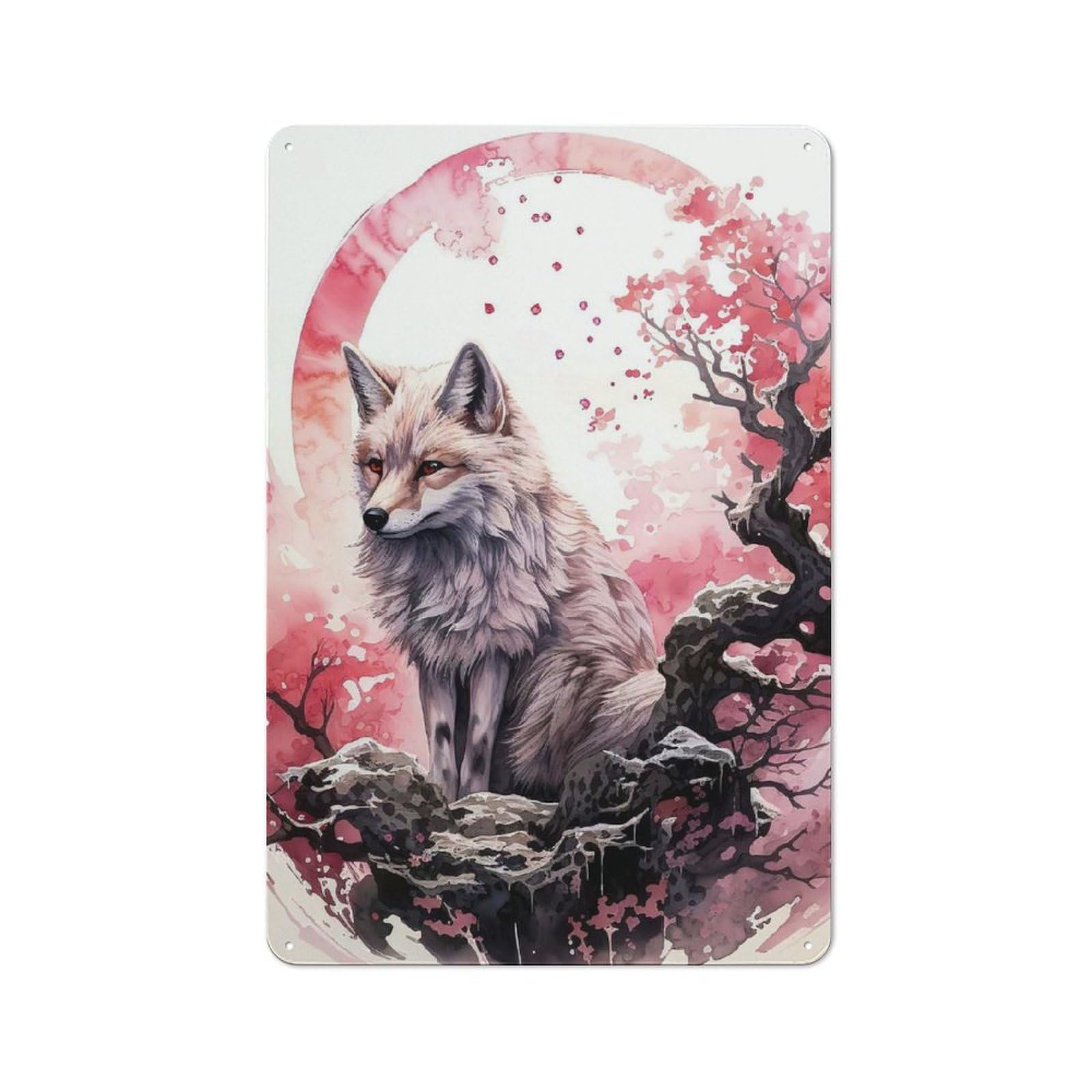 Junmoney Style-2 Vintage Tin Sign 30X20cm With Cherry Blossom Wolf Animal For Bar Or Restaurant, Suited To Bar Decor Enthusiasts